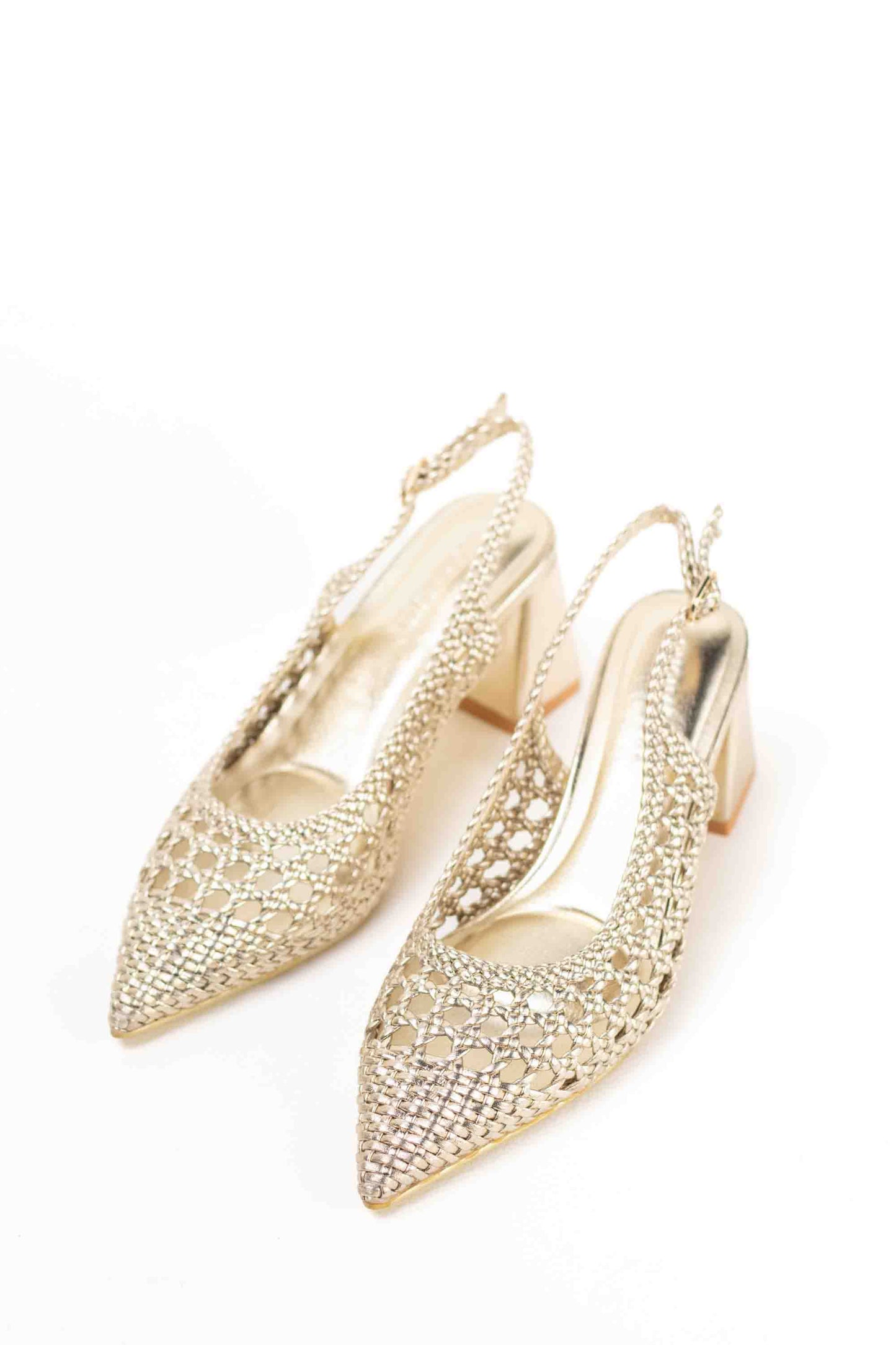 Zapatos dorados mujer de tacón bajo diseño trenzado para vestir