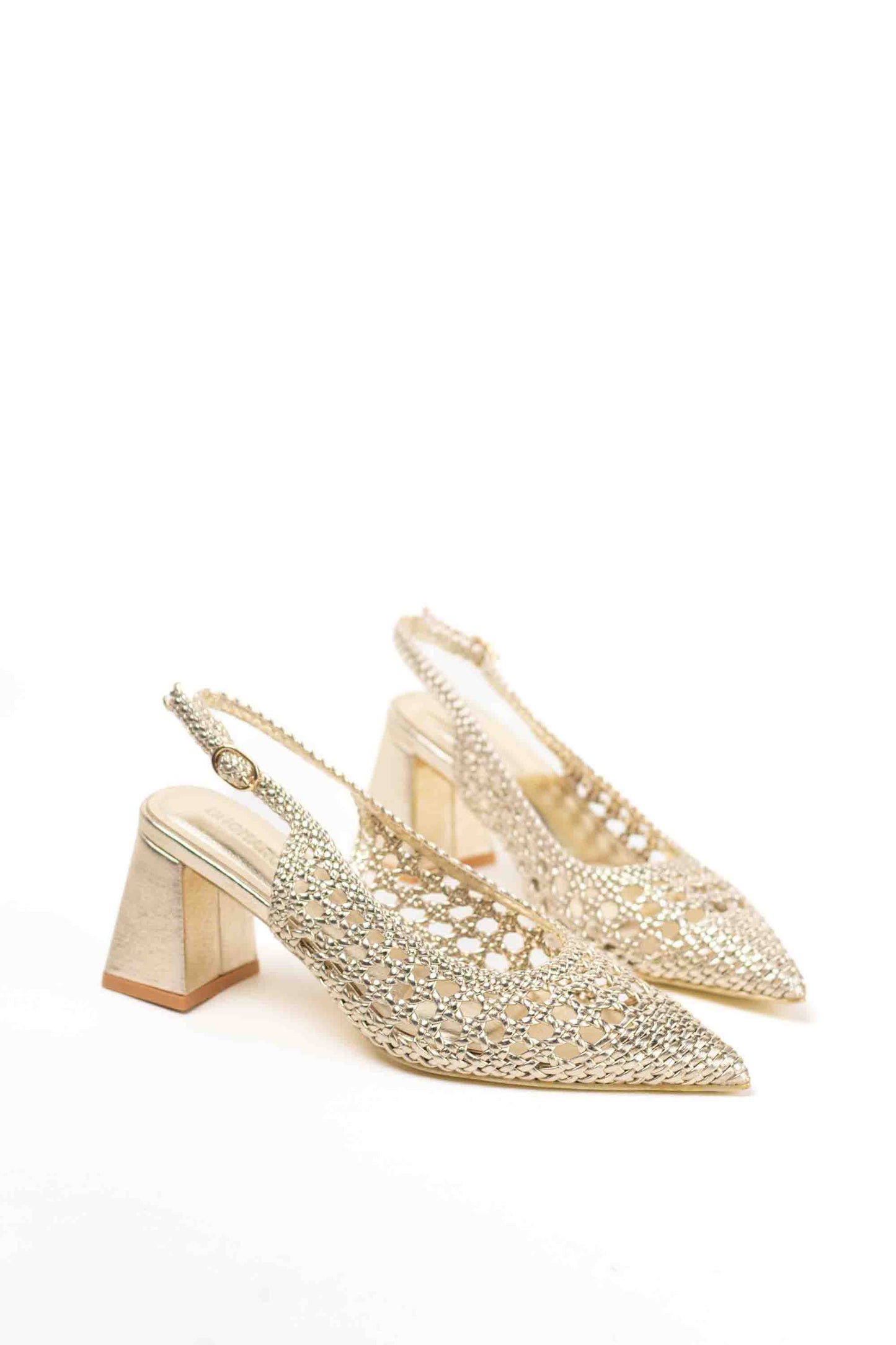 Zapatos dorados mujer de tacón bajo diseño trenzado para vestir