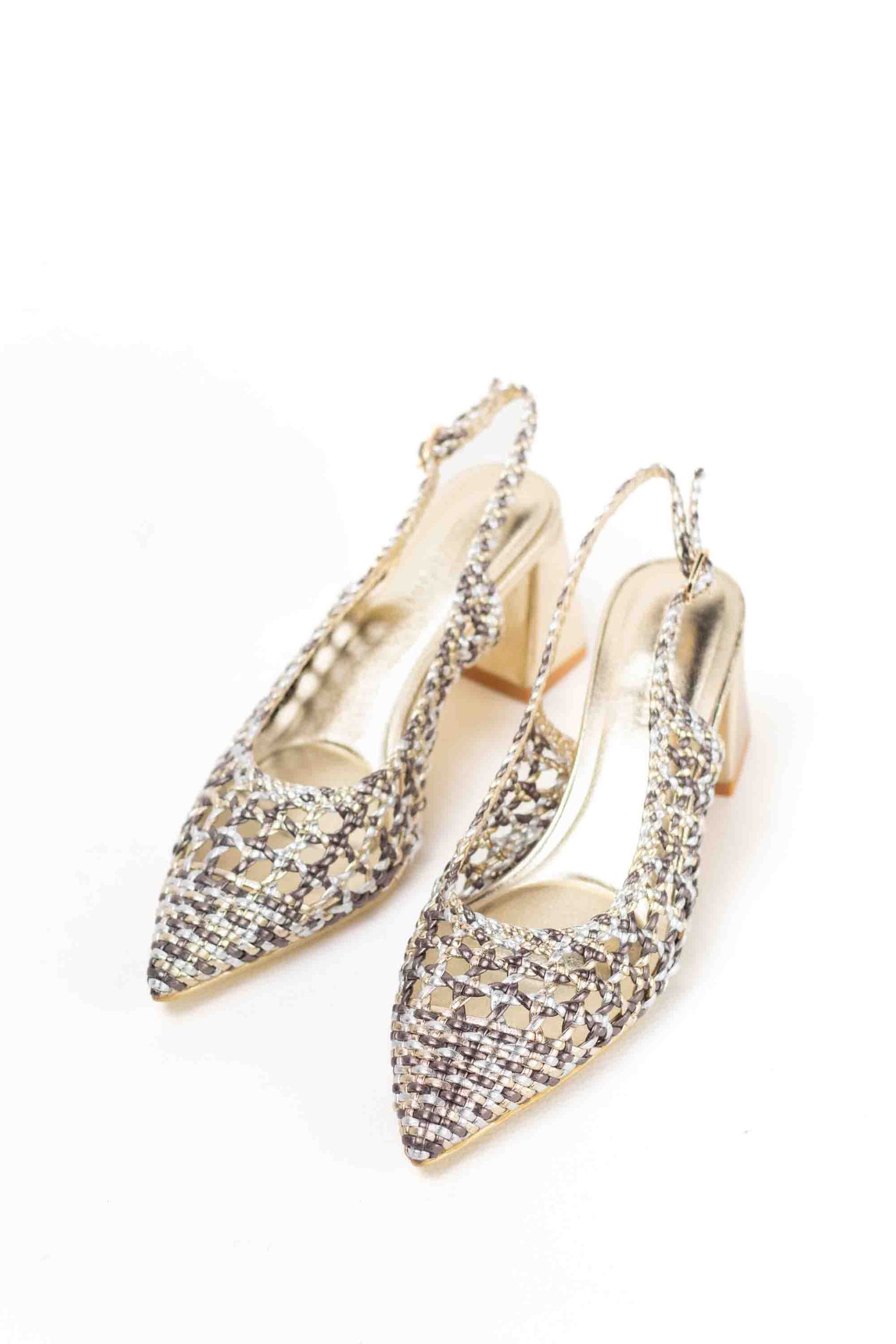 Zapatos dorados mujer de tacón bajo diseño trenzado para vestir