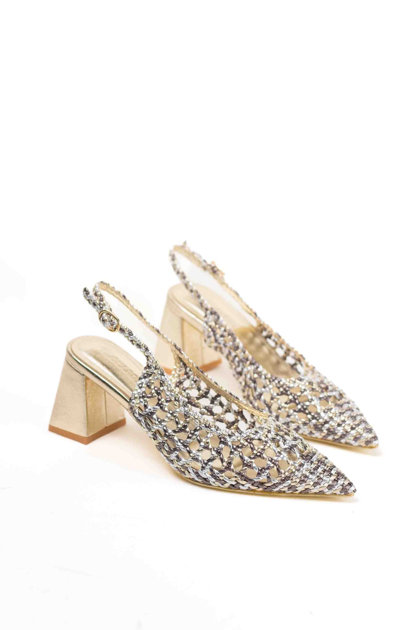 Zapatos dorados mujer de tacón bajo diseño trenzado para vestir