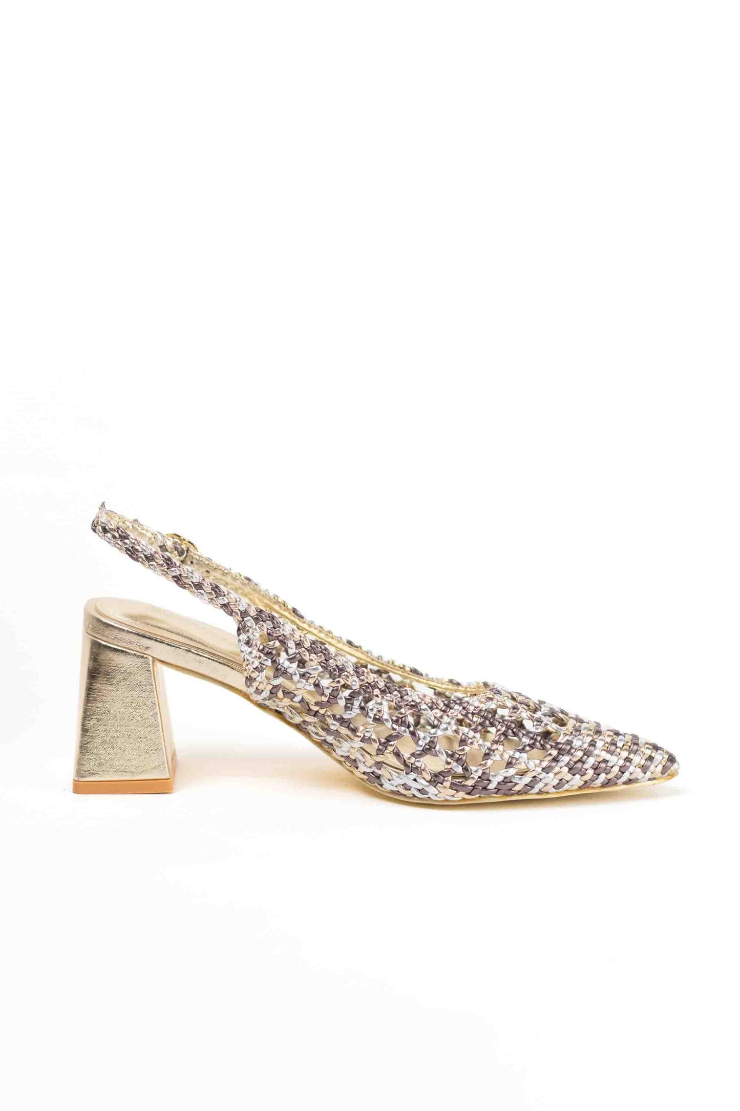 Zapatos dorados mujer de tacón bajo diseño trenzado para vestir