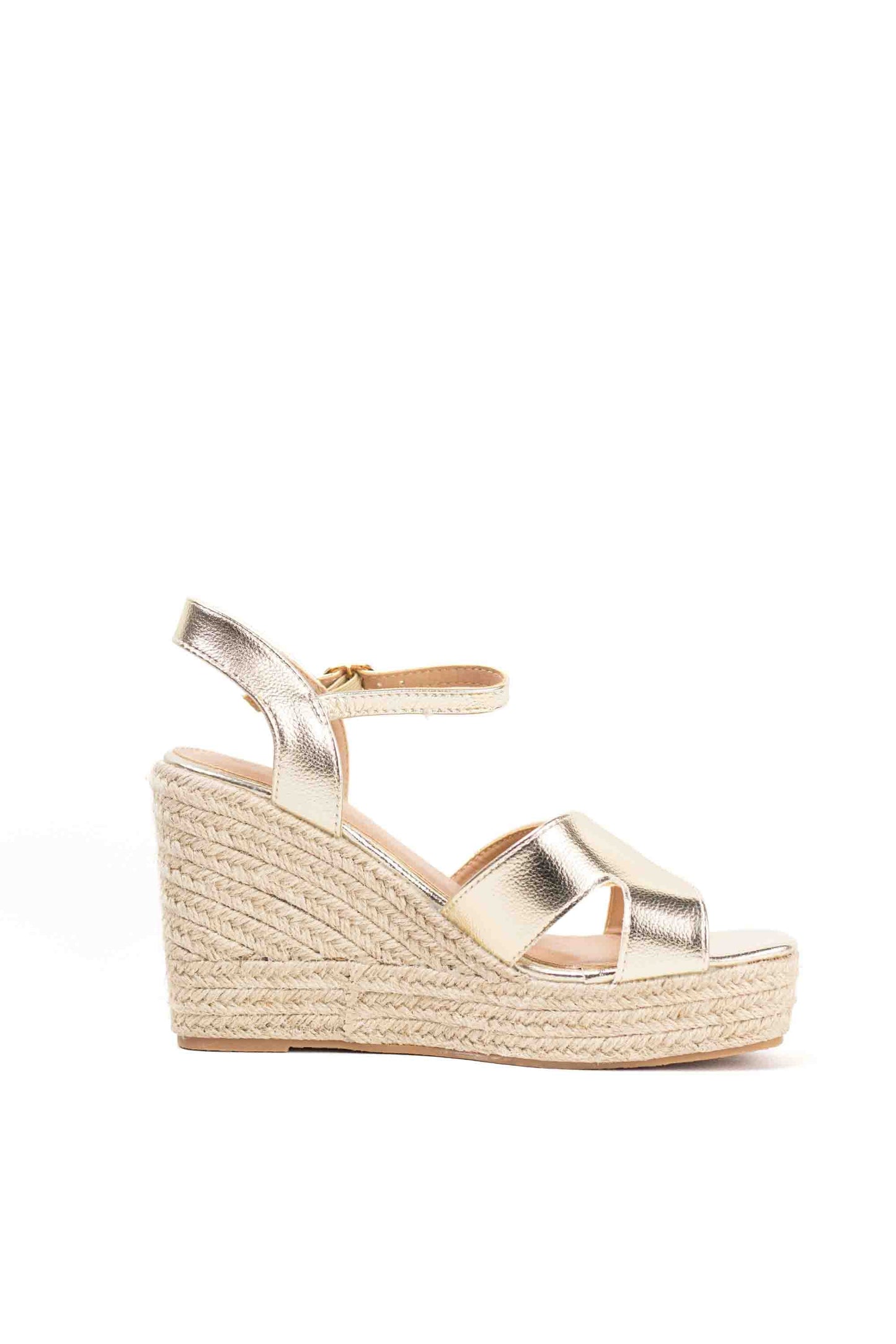 Sandalias cuña mujer doradas altas