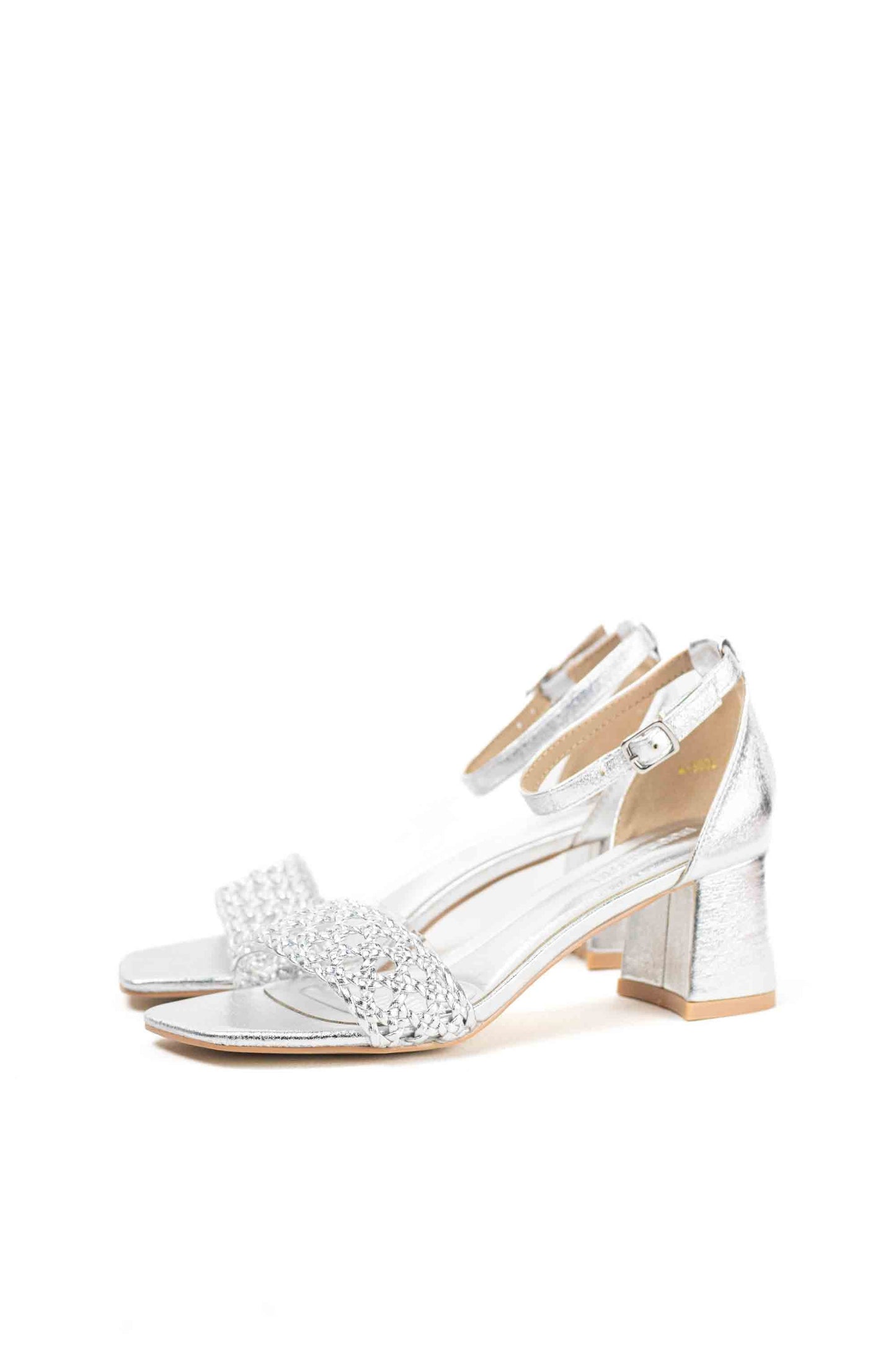 Sandalias doradas mujer tacón medio par vestir con diseño trenzado