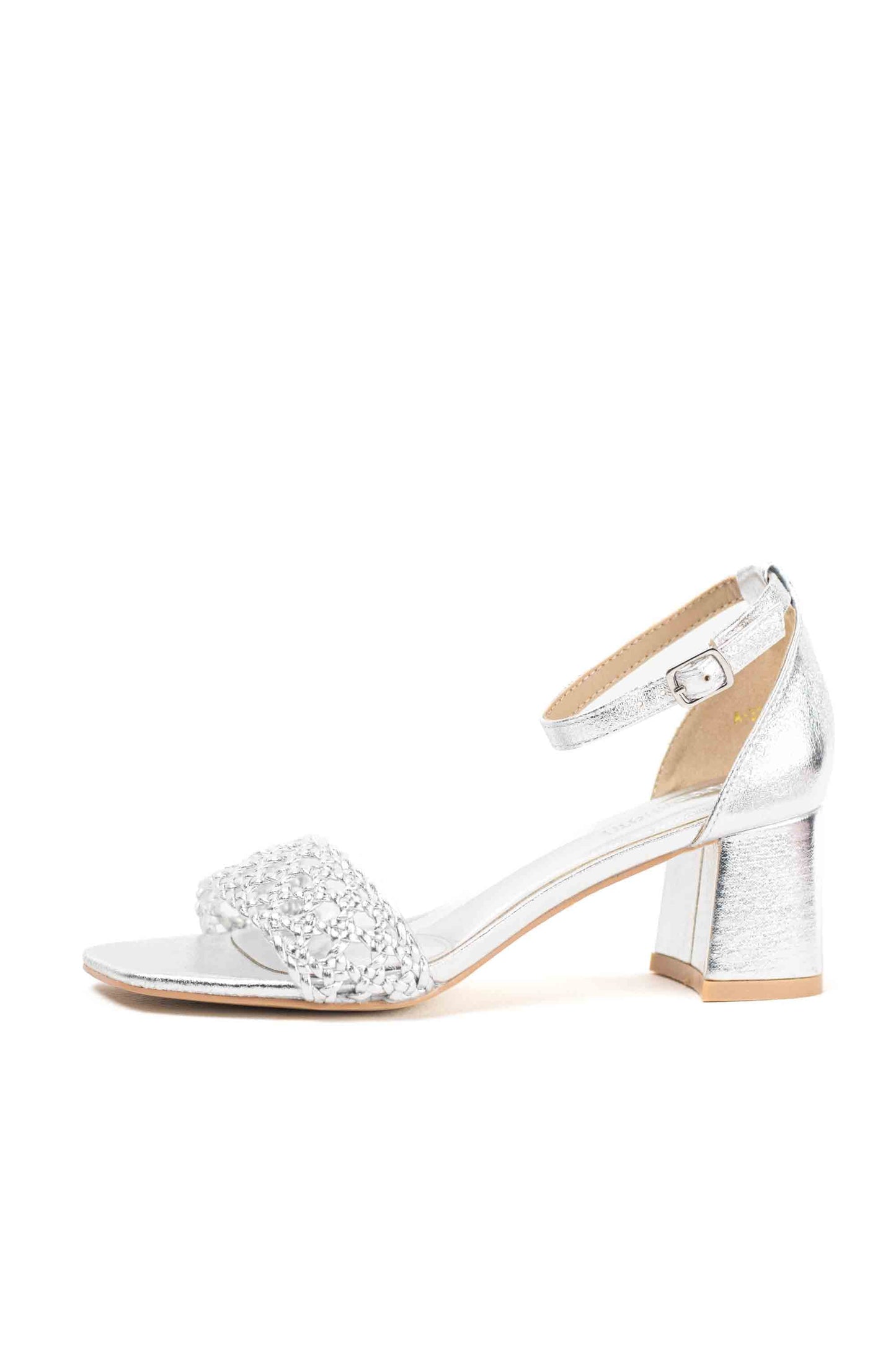 Sandalias doradas mujer tacón medio par vestir con diseño trenzado