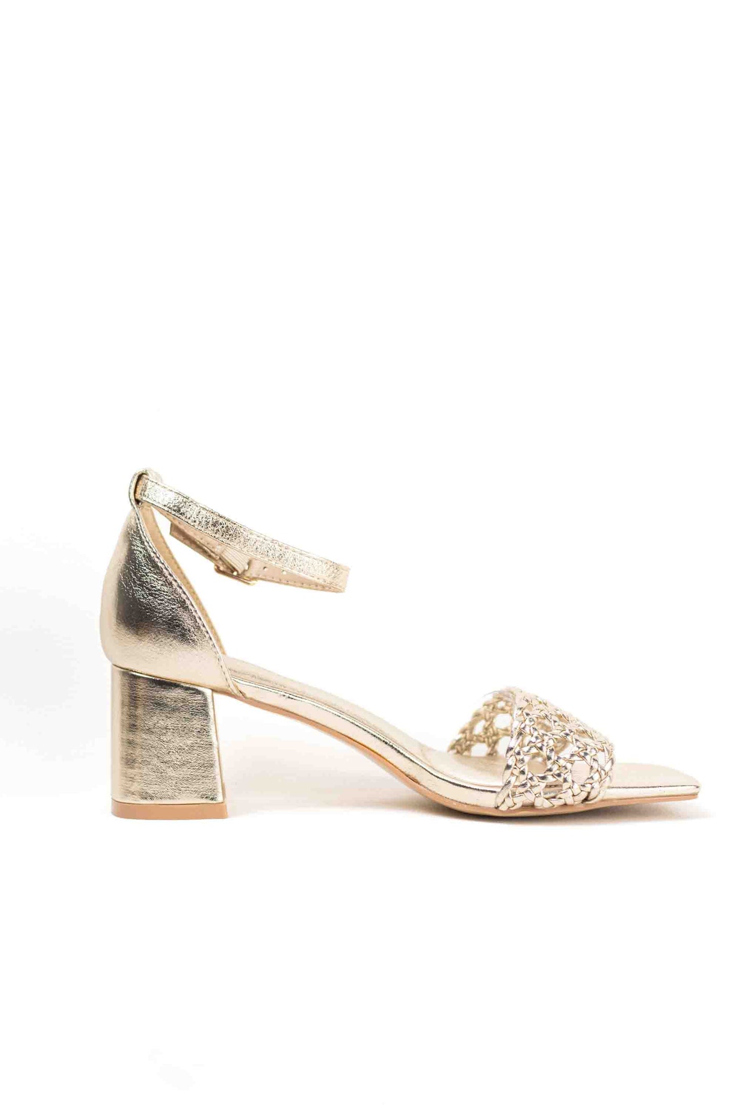 Sandalias doradas mujer tacón medio par vestir con diseño trenzado