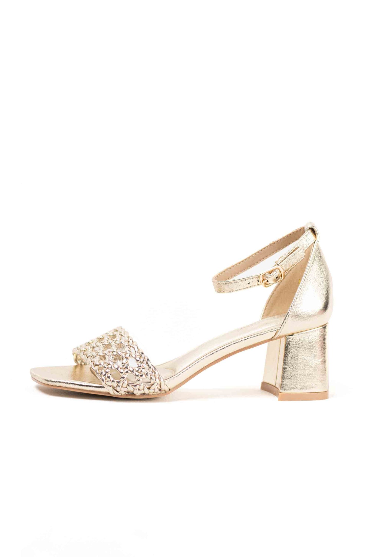 Sandalias doradas mujer tacón medio par vestir con diseño trenzado