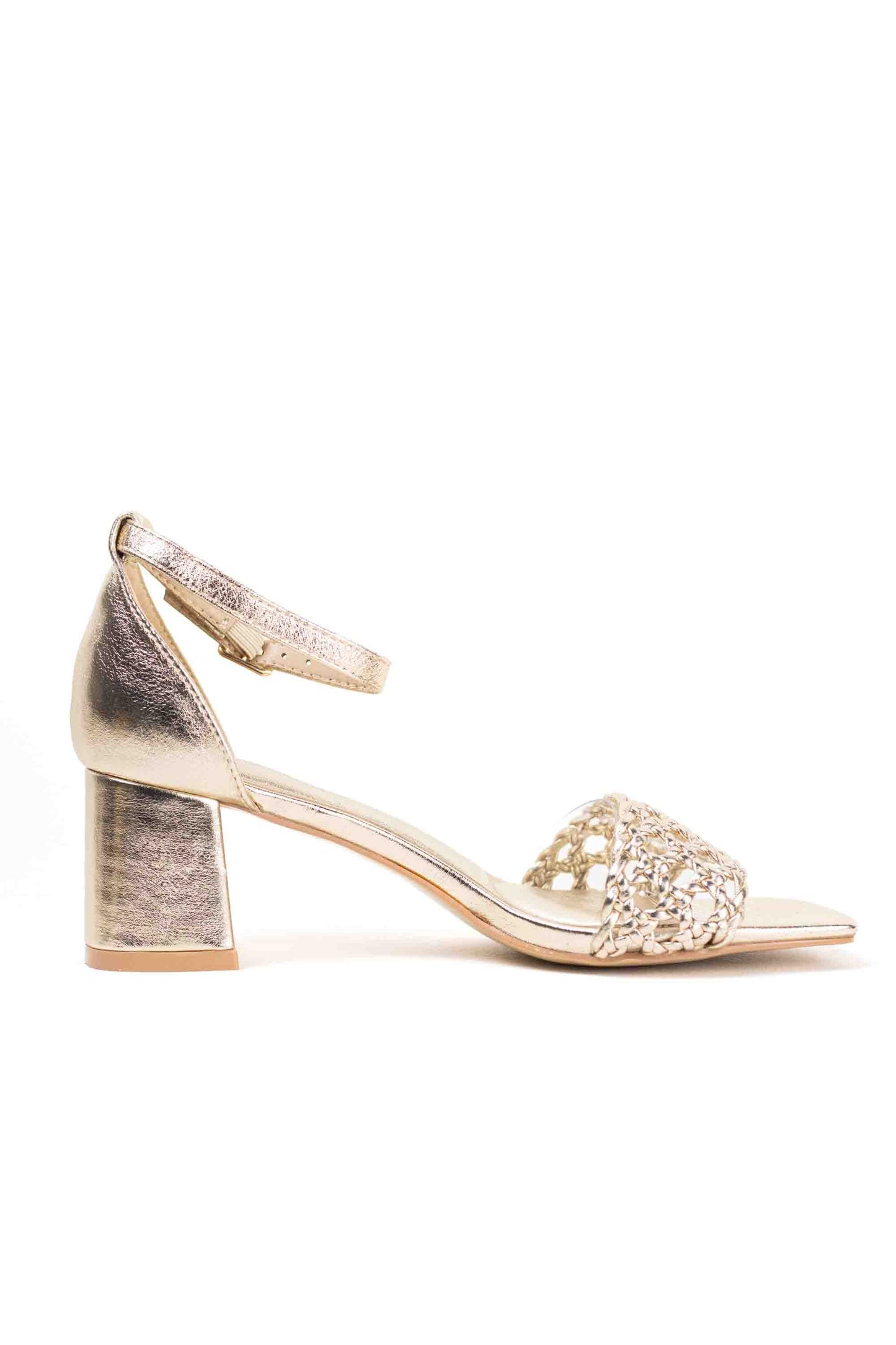 Sandalias doradas mujer tacón medio par vestir con diseño trenzado