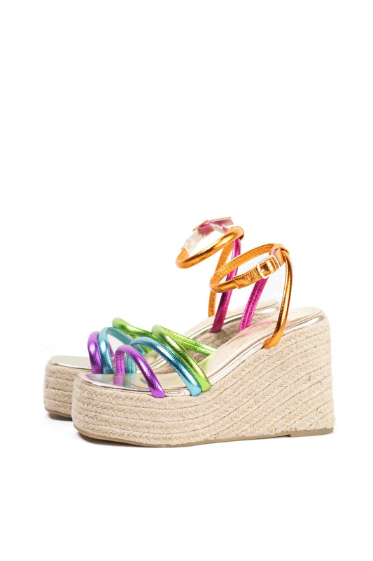 Sandalias cuñas altas de esparto multicolor para mujer con pulsera