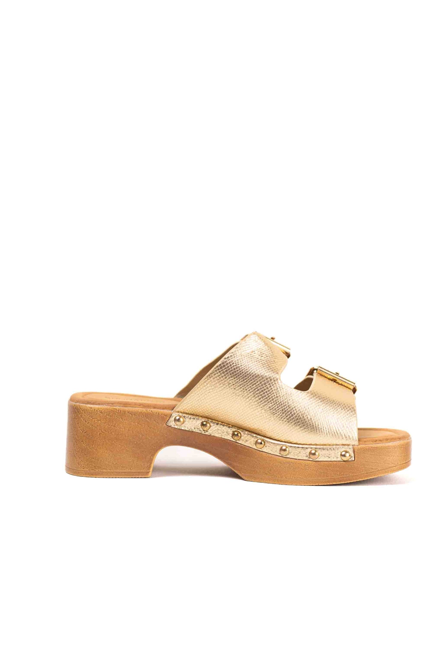 sandalias doradas zuecos doble hebilla con tachuelas
