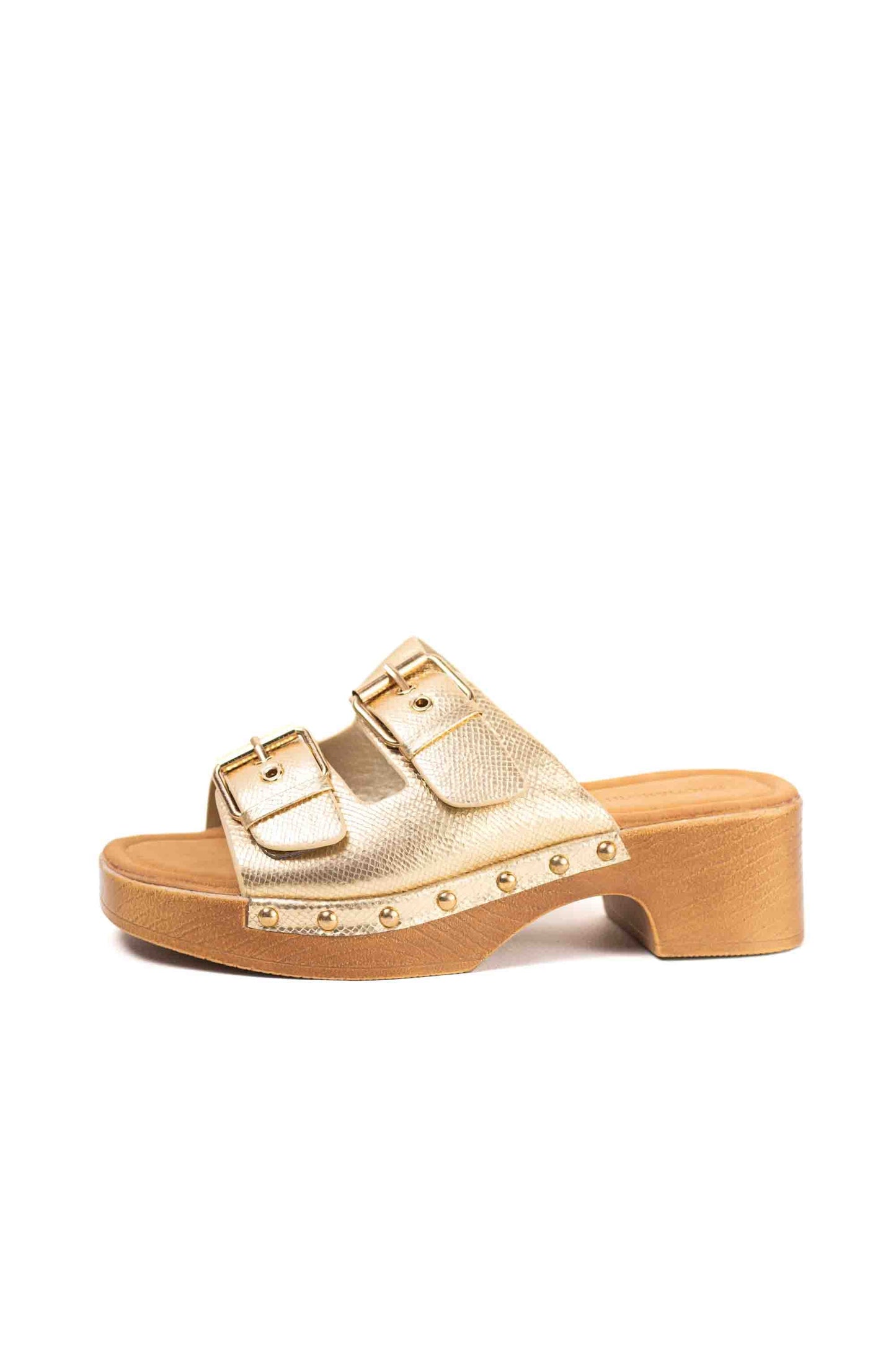 sandalias doradas zuecos doble hebilla con tachuelas