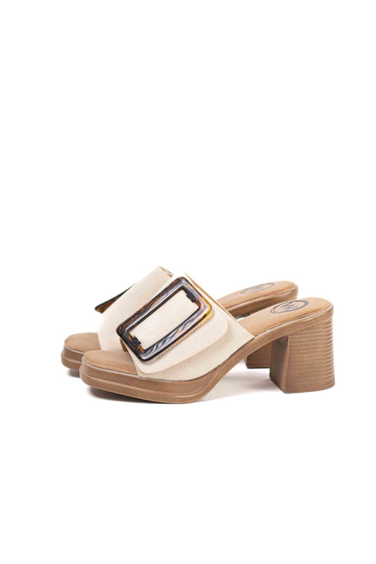 Sandalias mules dorados tacón medio detalle de hebilla