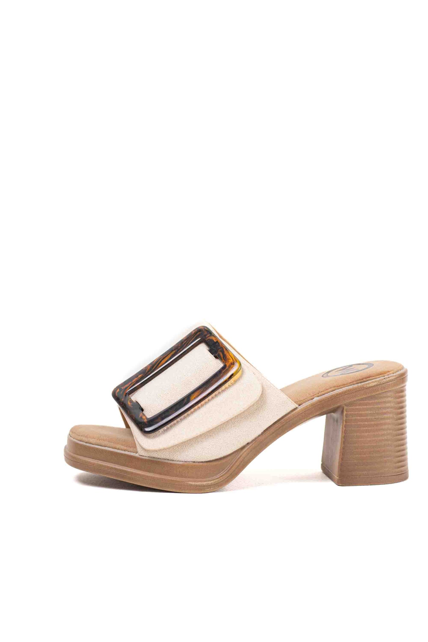 Sandalias mules dorados tacón medio detalle de hebilla