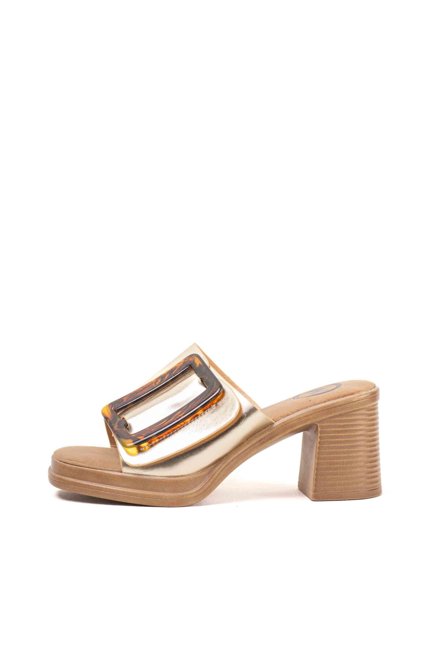Sandalias mules dorados tacón medio detalle de hebilla