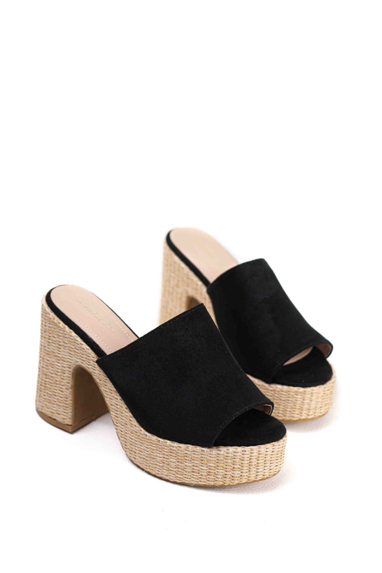 Sandalias doradas zuecos tacón alto con plataforma de rafia