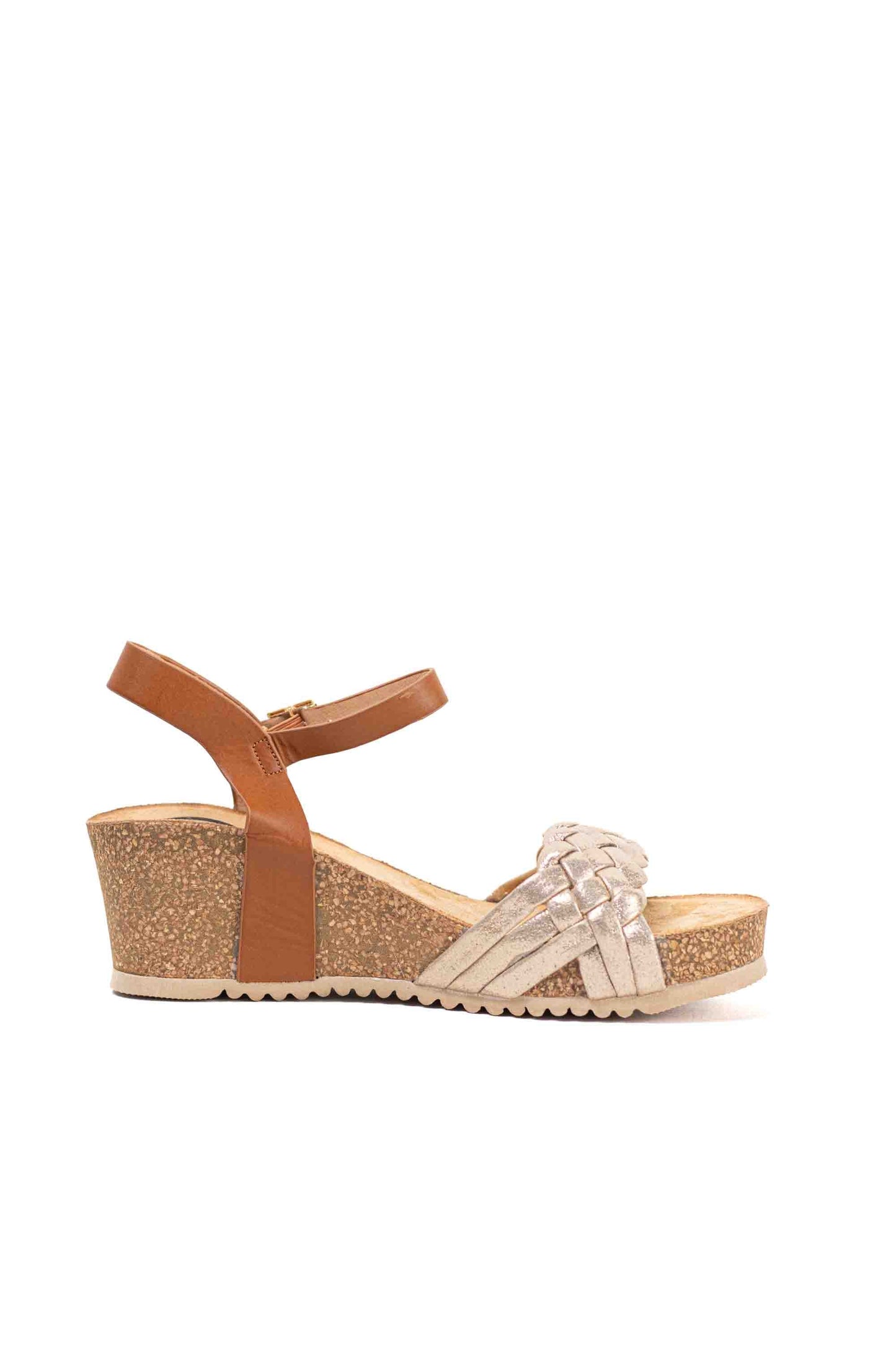 Sandalias doradas cuñas medianas de corcho con plataforma con tiras trenzadas mujer con hebilla