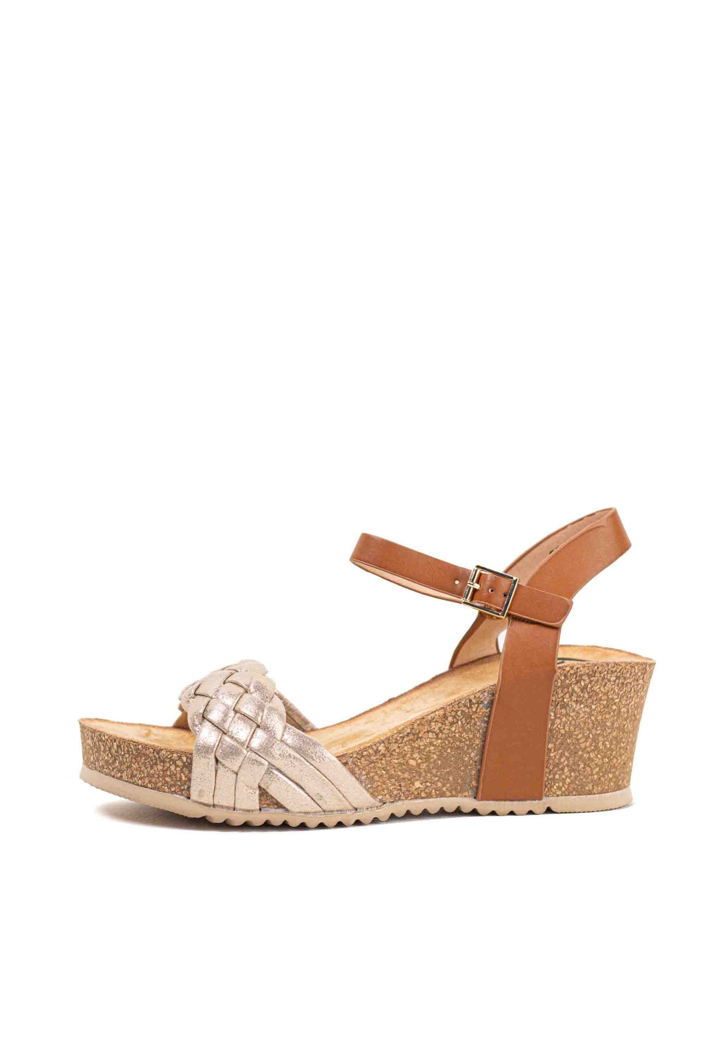 Sandalias doradas cuñas medianas de corcho con plataforma con tiras trenzadas mujer con hebilla