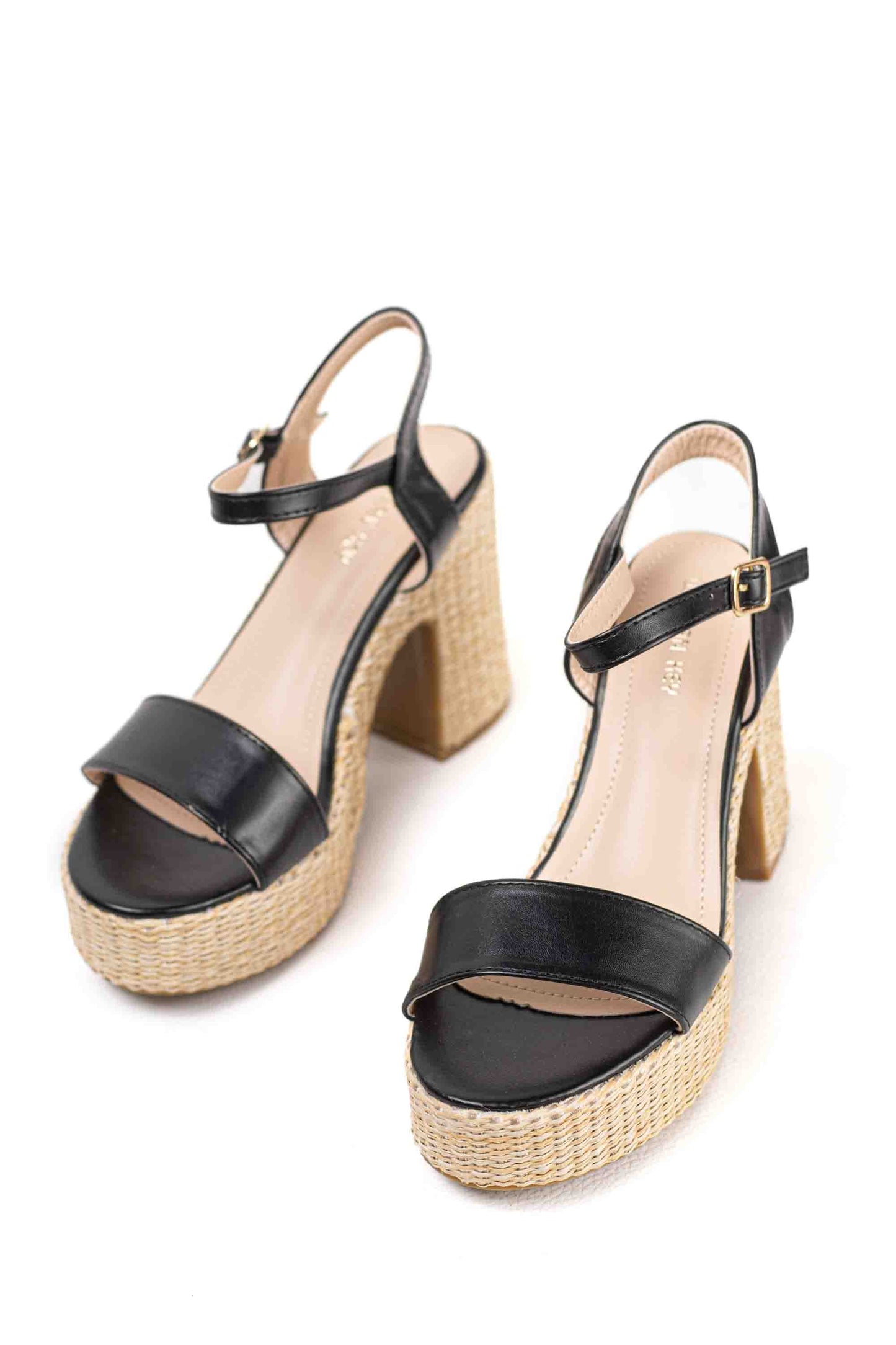 Sandalias doradas tacón alto con plataforma de rafia para mujer super ligeras