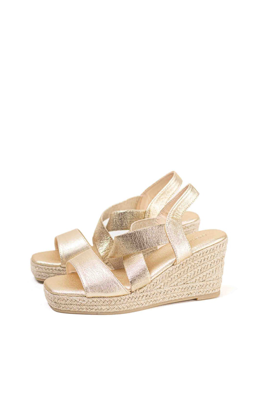 Sandalias doradas cuña alta de espartos con plataforma con tiras elásticas plantilla acolchada