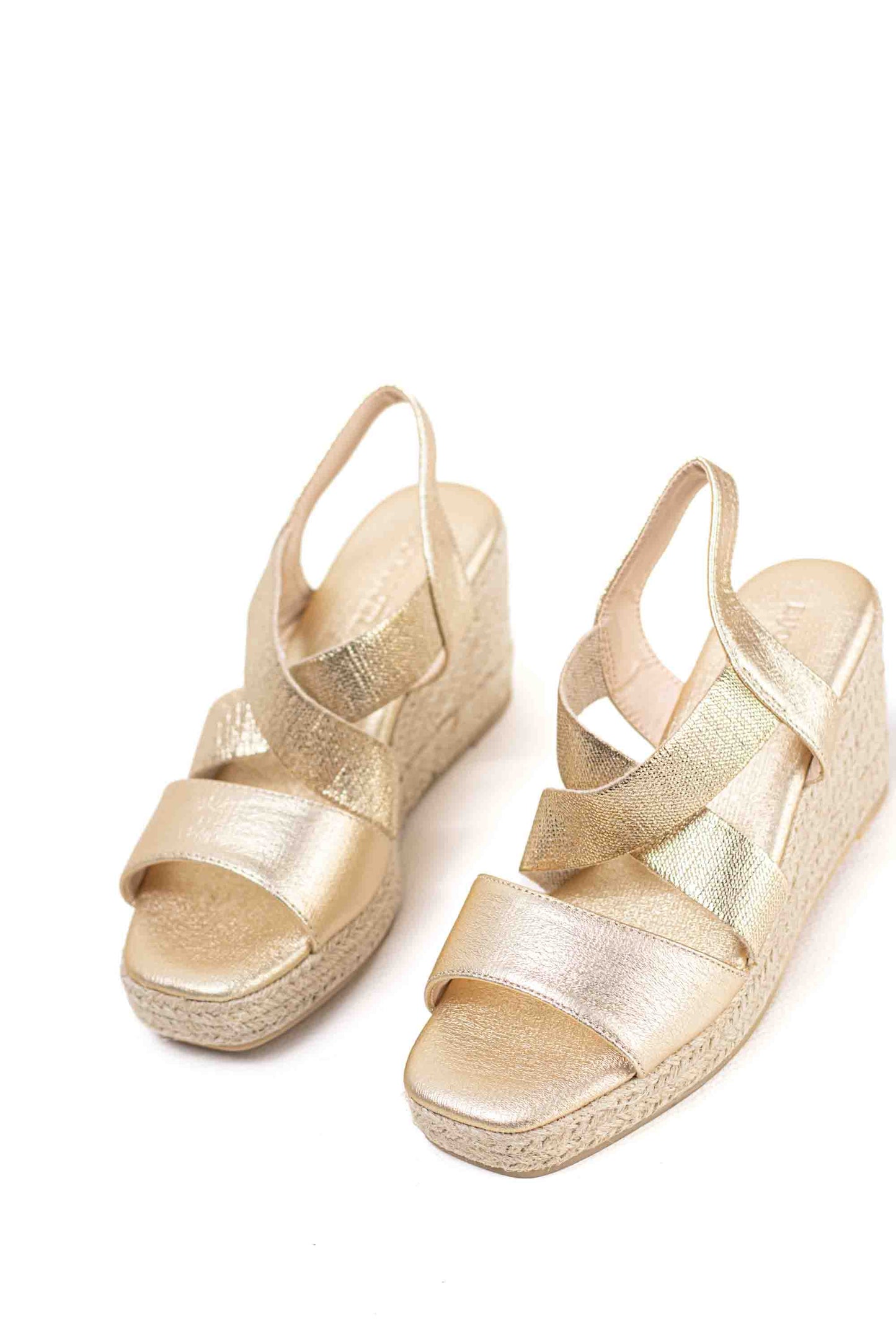 Sandalias doradas cuña alta de espartos con plataforma con tiras elásticas plantilla acolchada