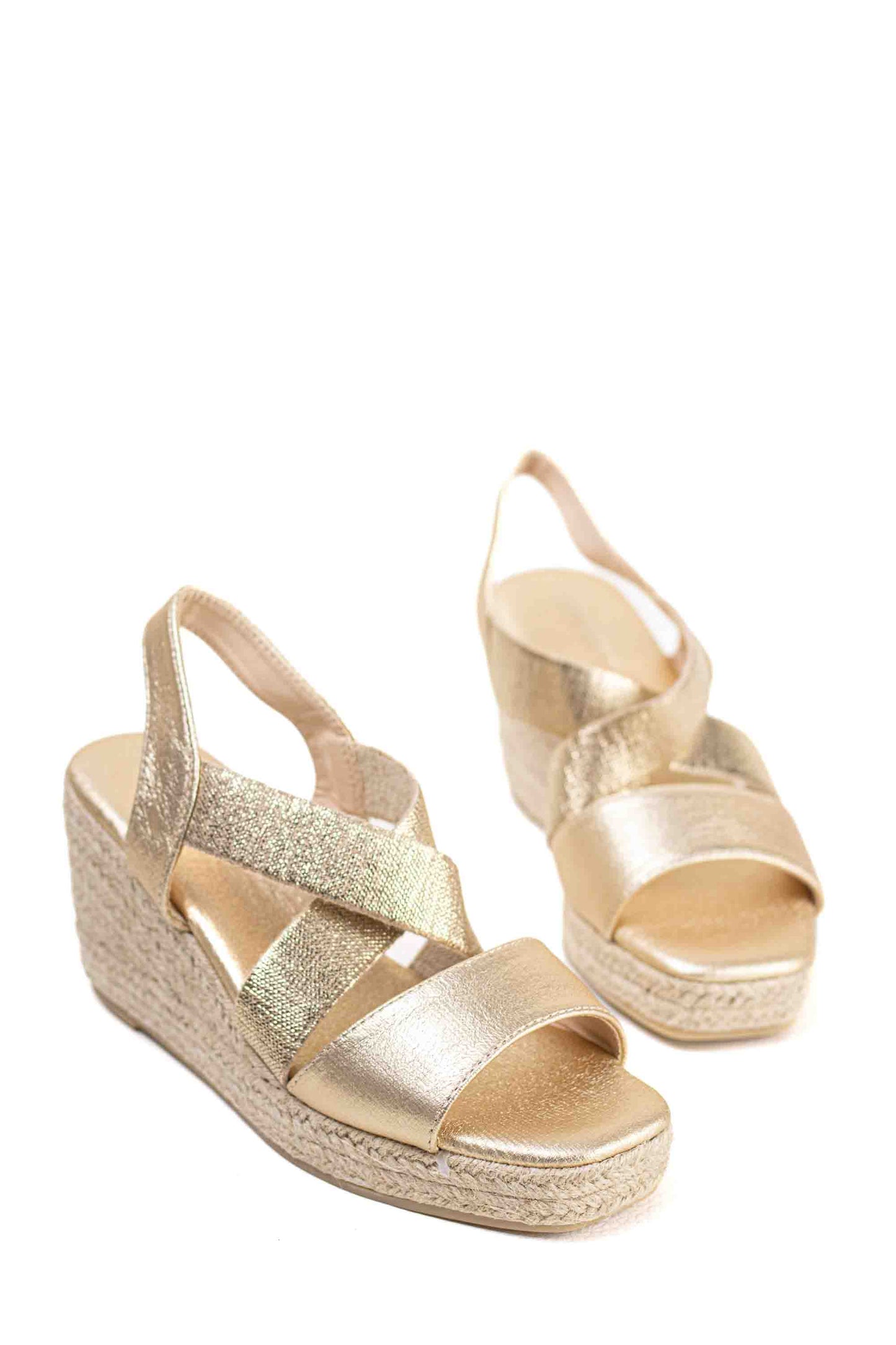Sandalias doradas cuña alta de espartos con plataforma con tiras elásticas plantilla acolchada