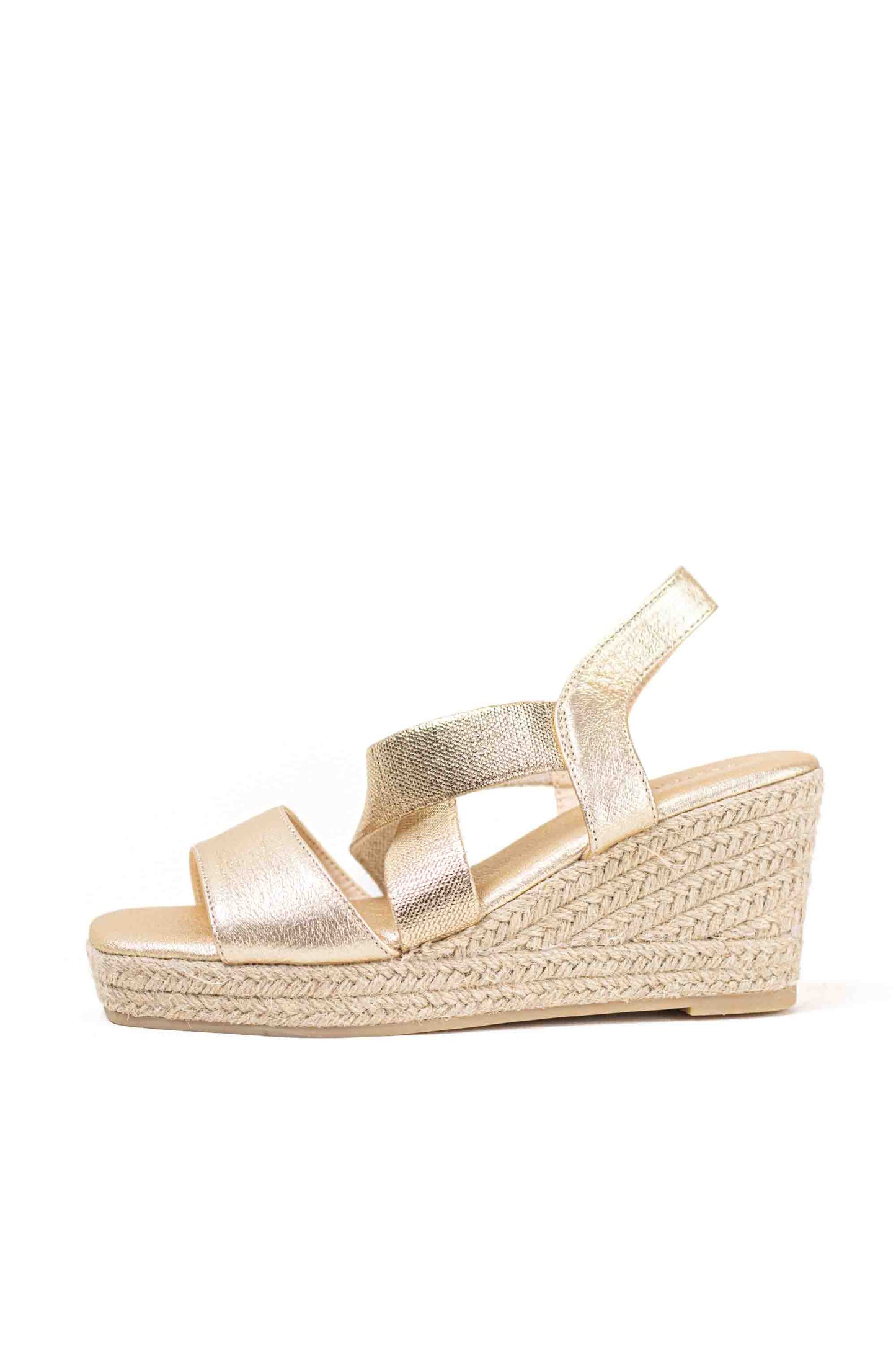Sandalias doradas cuña alta de espartos con plataforma con tiras elásticas plantilla acolchada