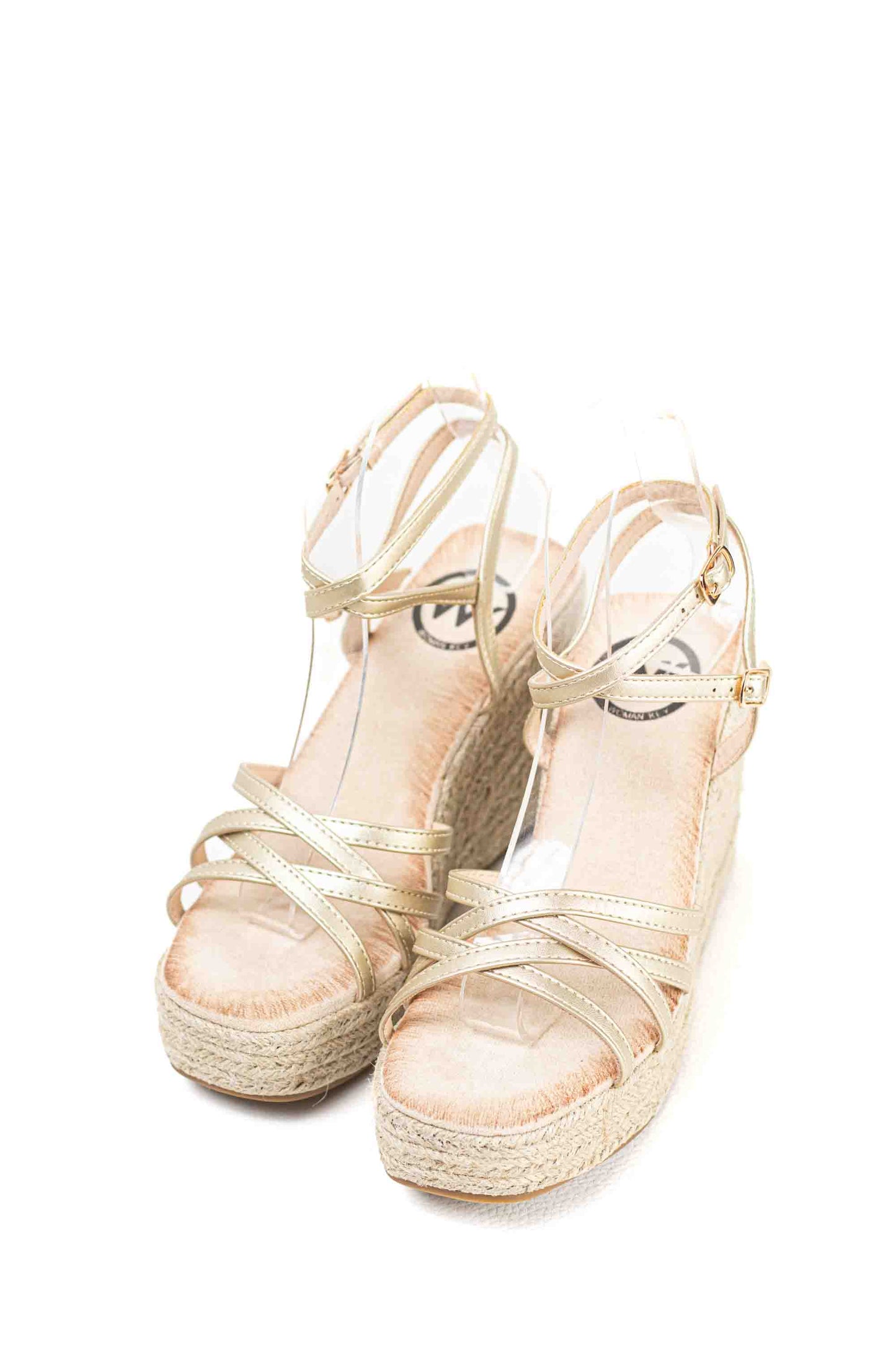 Sandalias doradas cuña alta de esparto con plataforma con tiras cruzadas plantilla acolchada