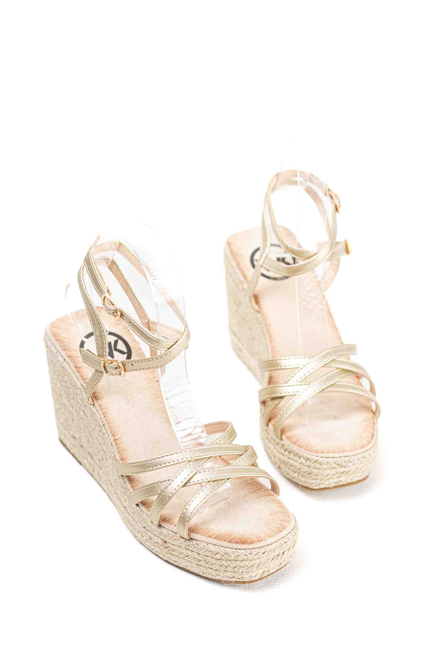 Sandalias doradas cuña alta de esparto con plataforma con tiras cruzadas plantilla acolchada