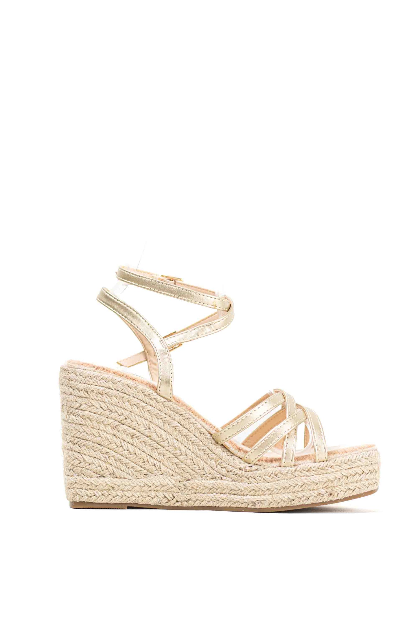 Sandalias doradas cuña alta de esparto con plataforma con tiras cruzadas plantilla acolchada