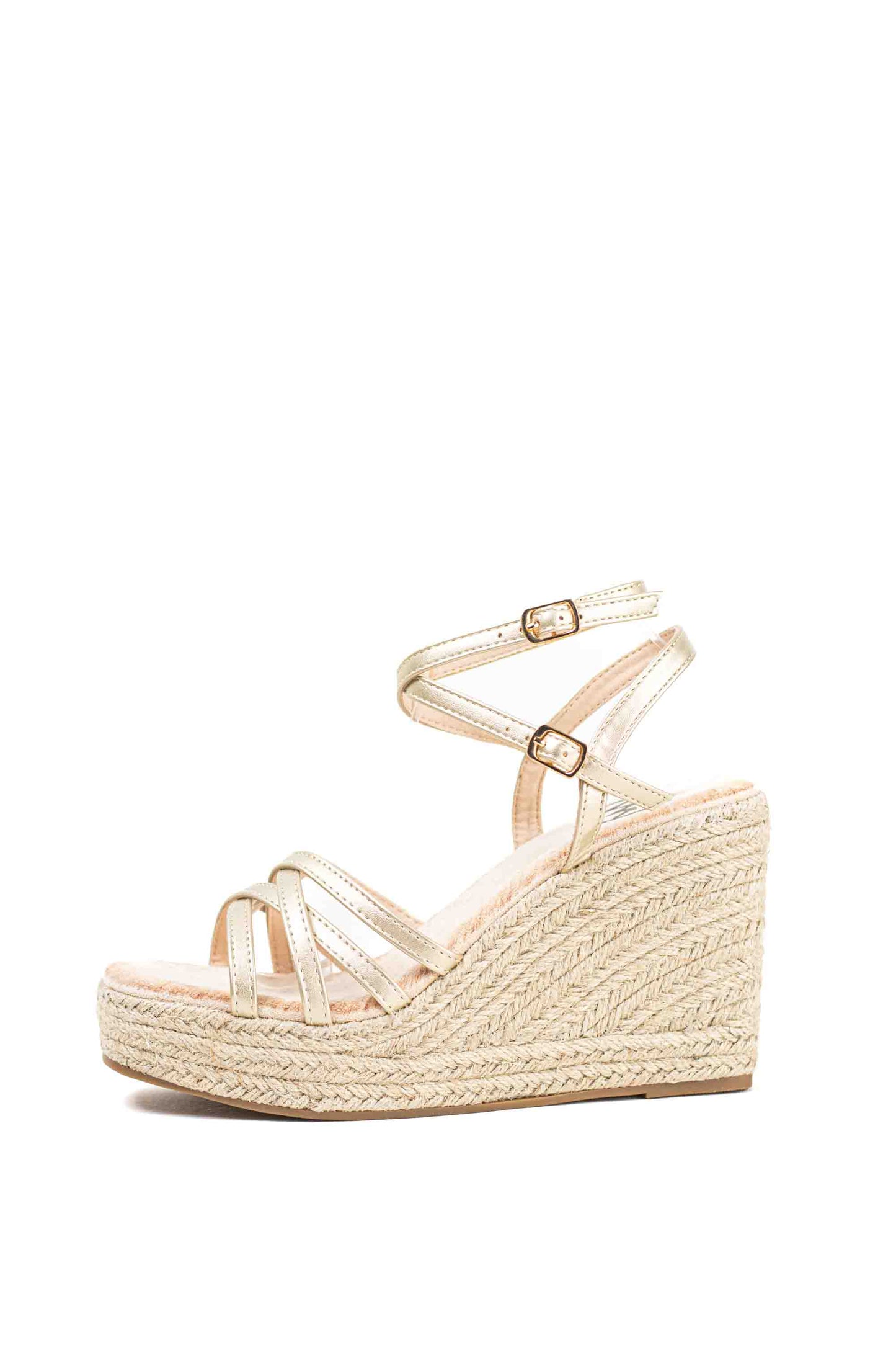 Sandalias doradas cuña alta de esparto con plataforma con tiras cruzadas plantilla acolchada