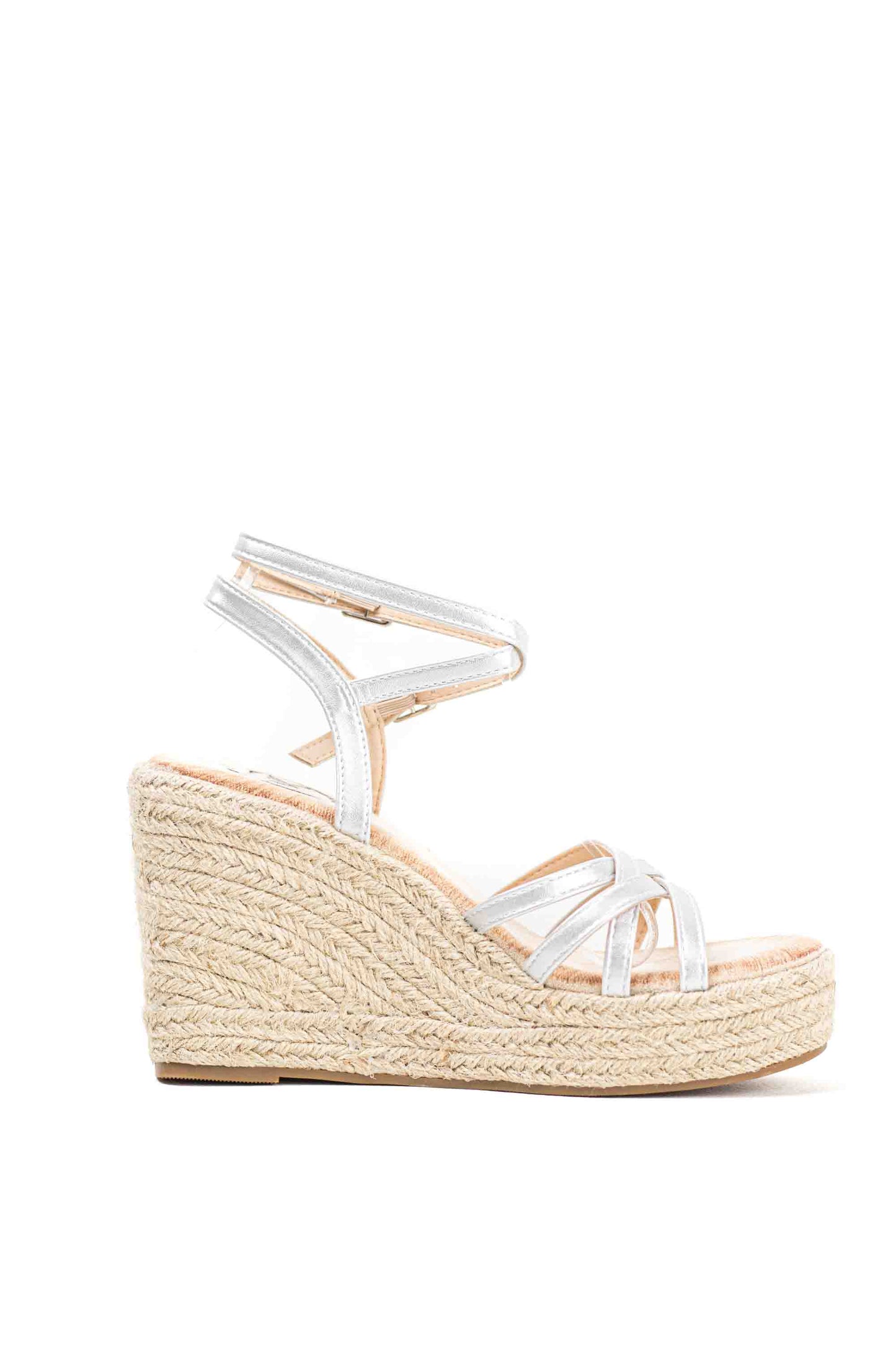 Sandalias doradas cuña alta de esparto con plataforma con tiras cruzadas plantilla acolchada