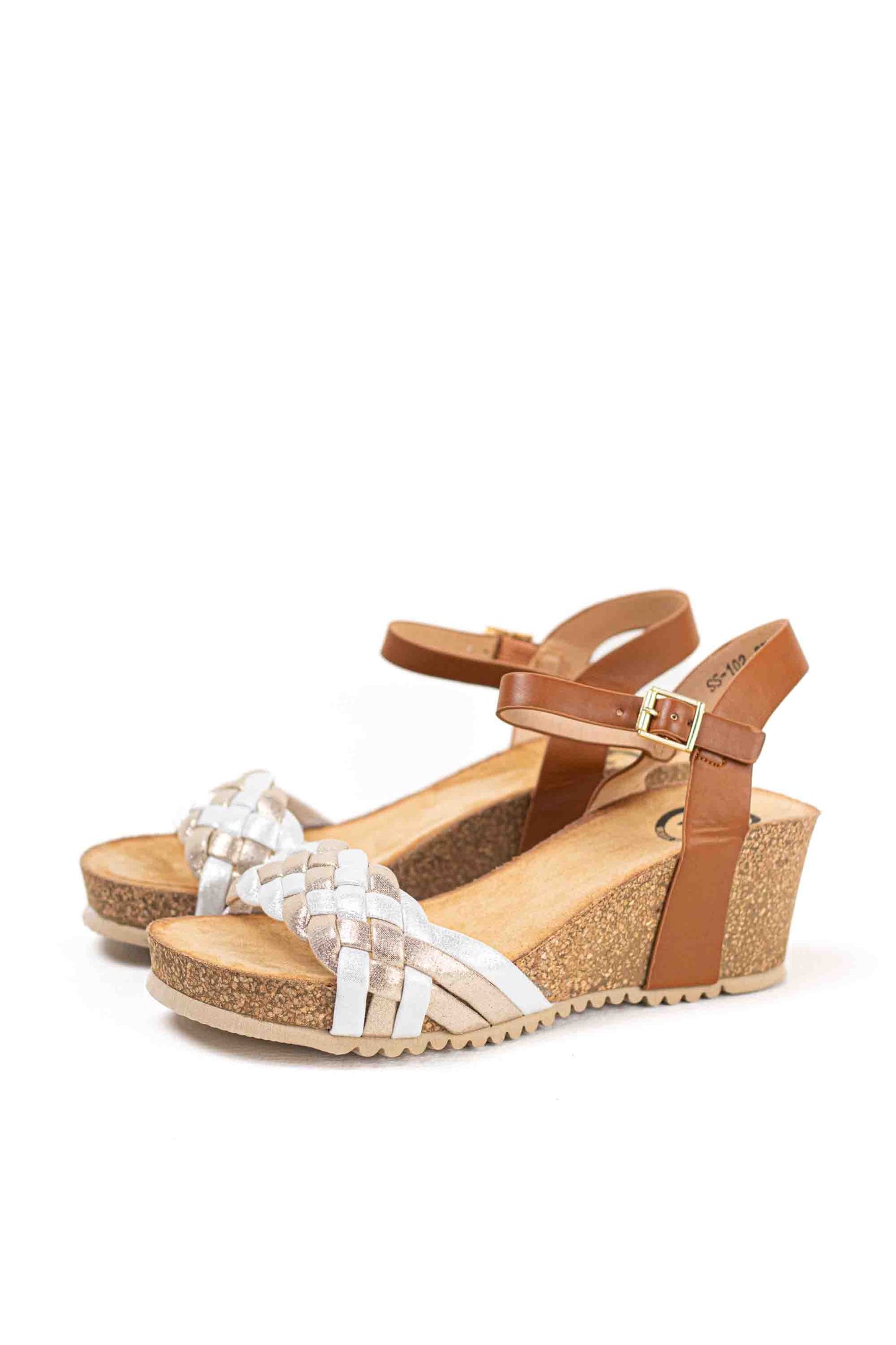 Sandalias doradas cuñas medianas de corcho con plataforma con tiras trenzadas mujer con hebilla