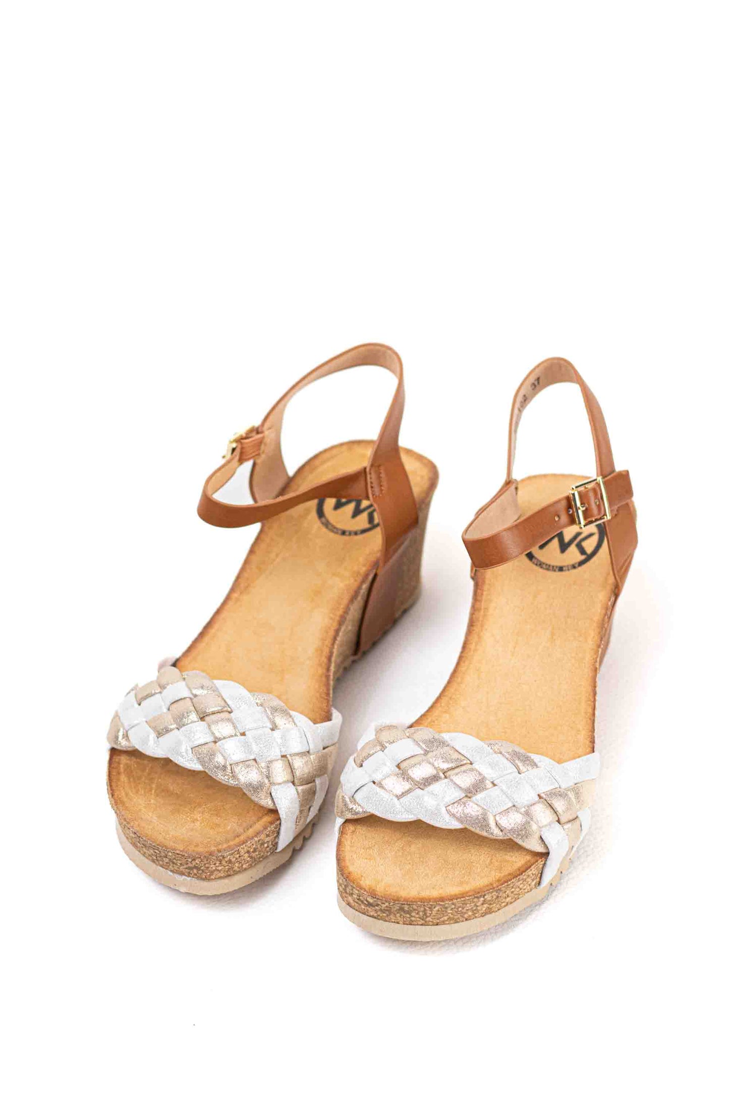 Sandalias doradas cuñas medianas de corcho con plataforma con tiras trenzadas mujer con hebilla