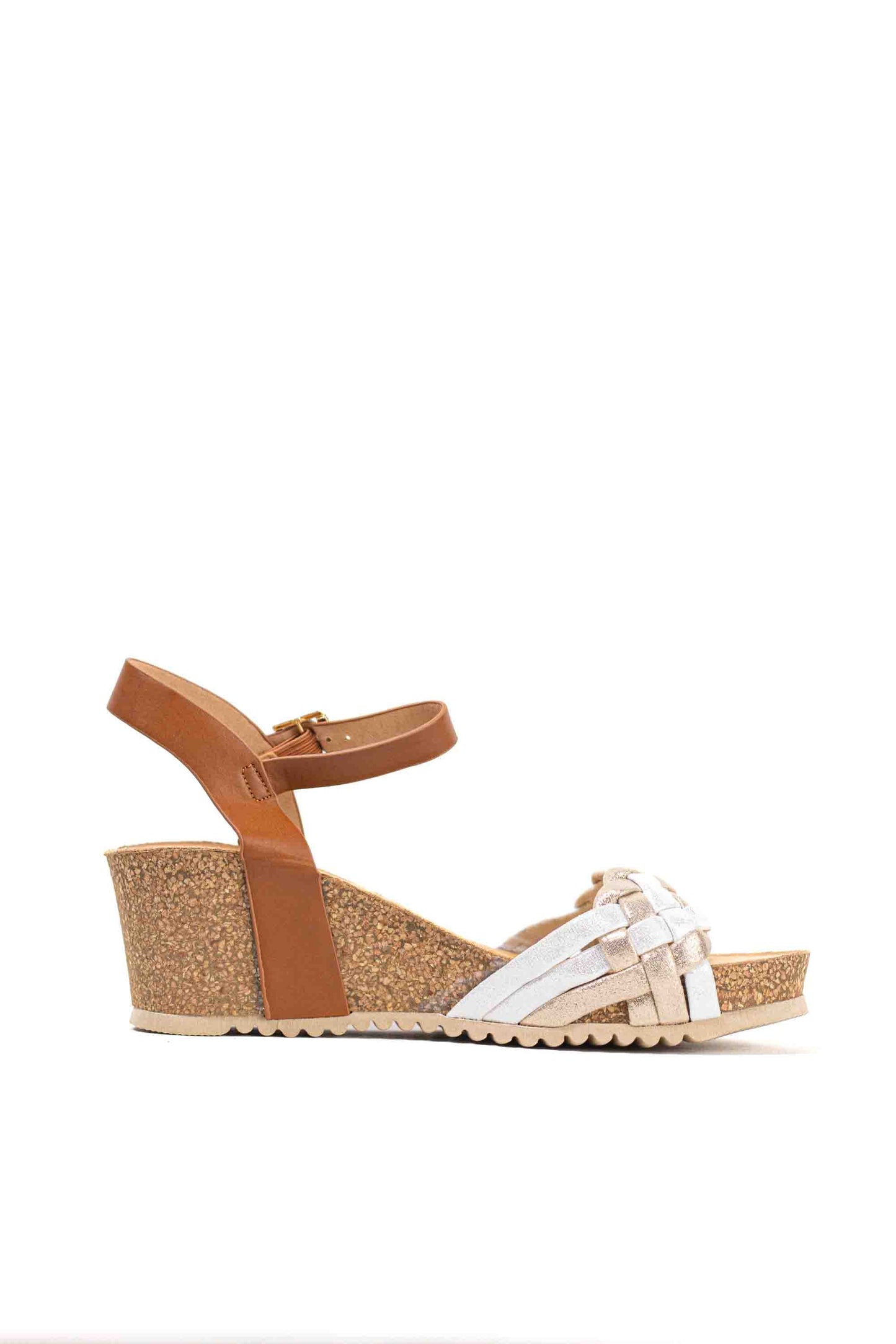 Sandalias doradas cuñas medianas de corcho con plataforma con tiras trenzadas mujer con hebilla