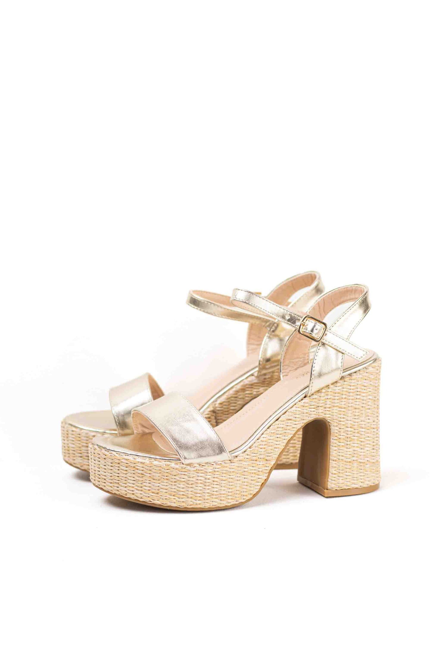 Sandalias doradas tacón alto con plataforma de rafia para mujer super ligeras