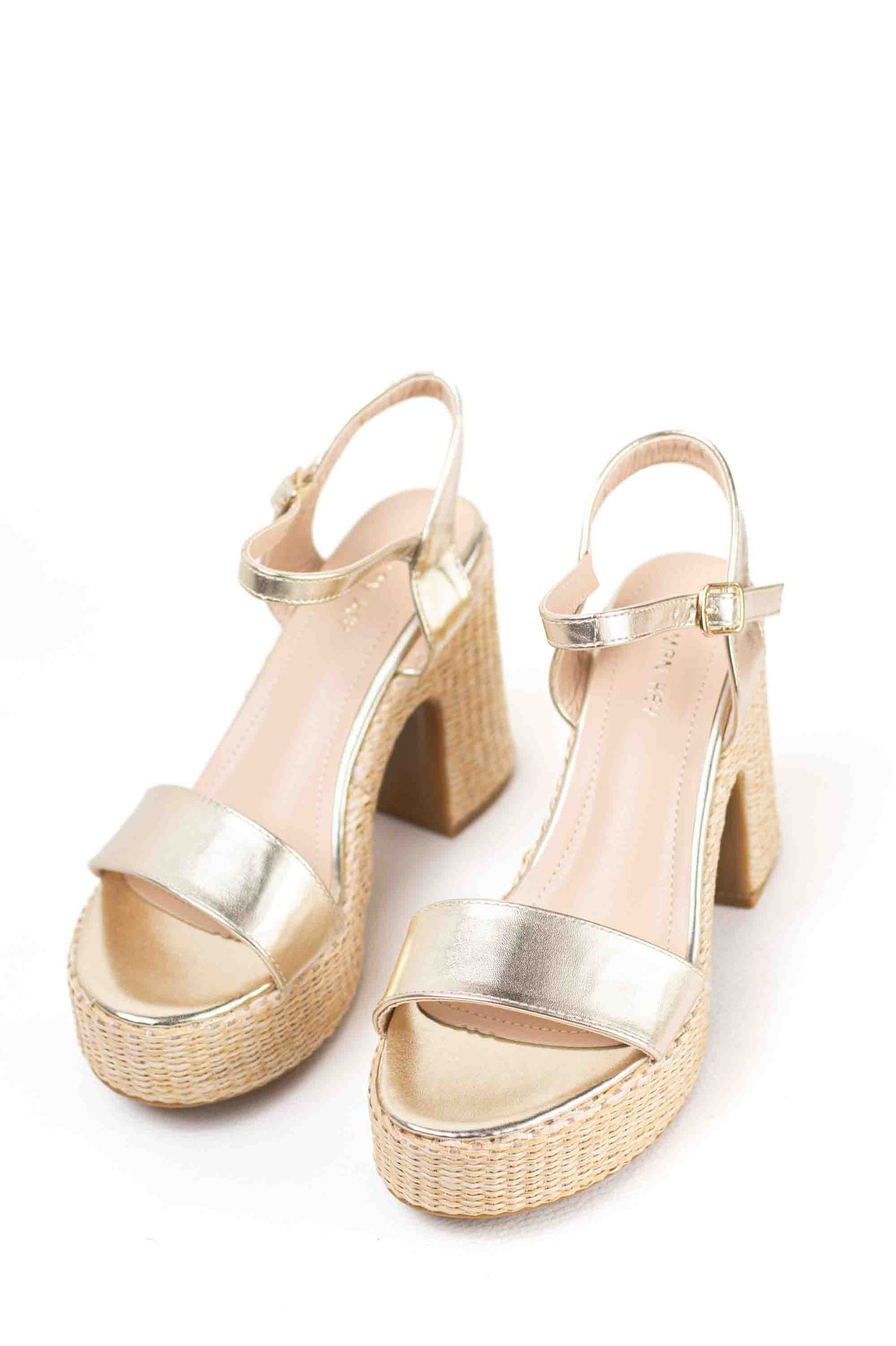 Sandalias doradas tacón alto con plataforma de rafia para mujer super ligeras