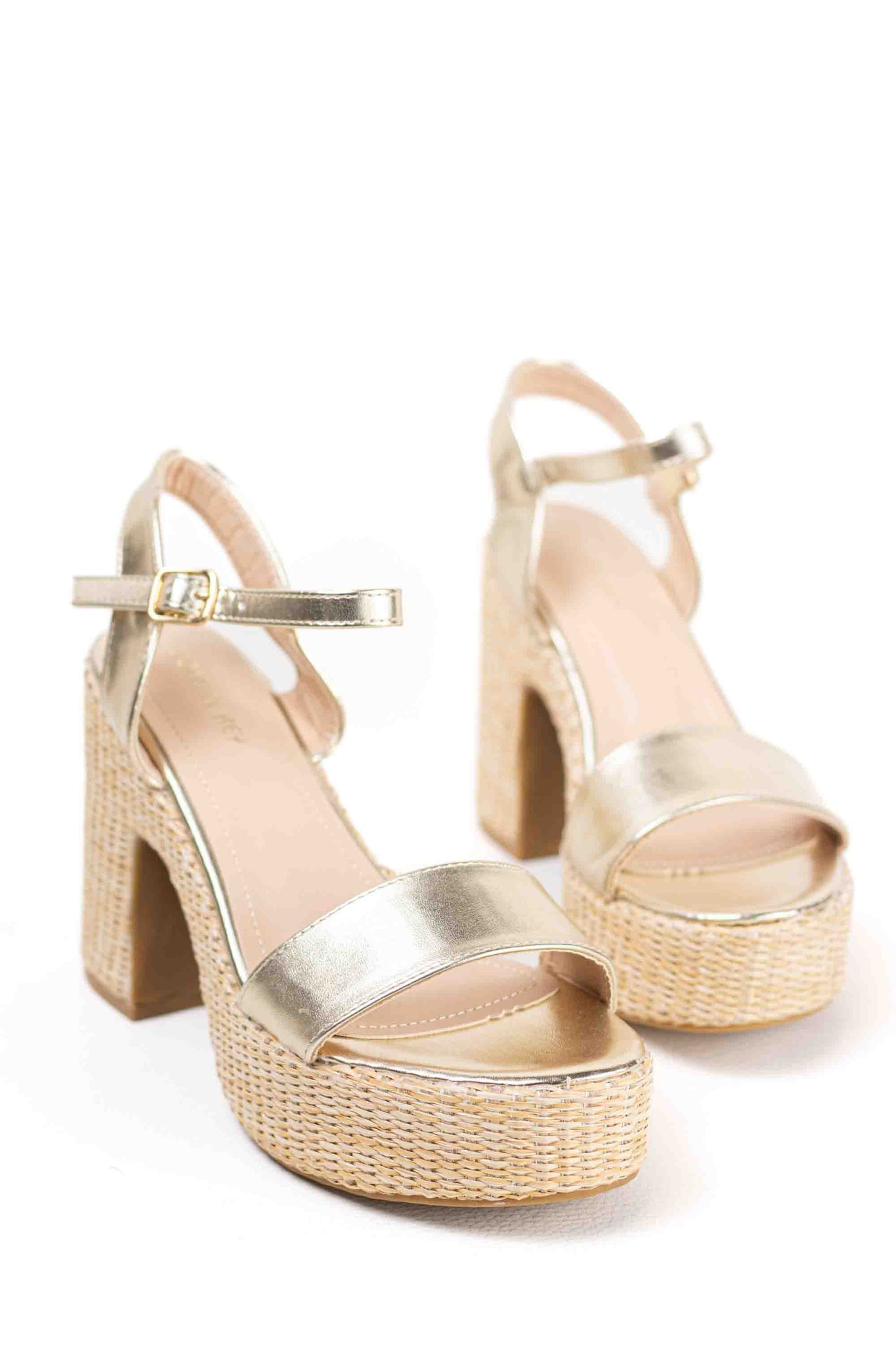 Sandalias doradas tacón alto con plataforma de rafia para mujer super ligeras