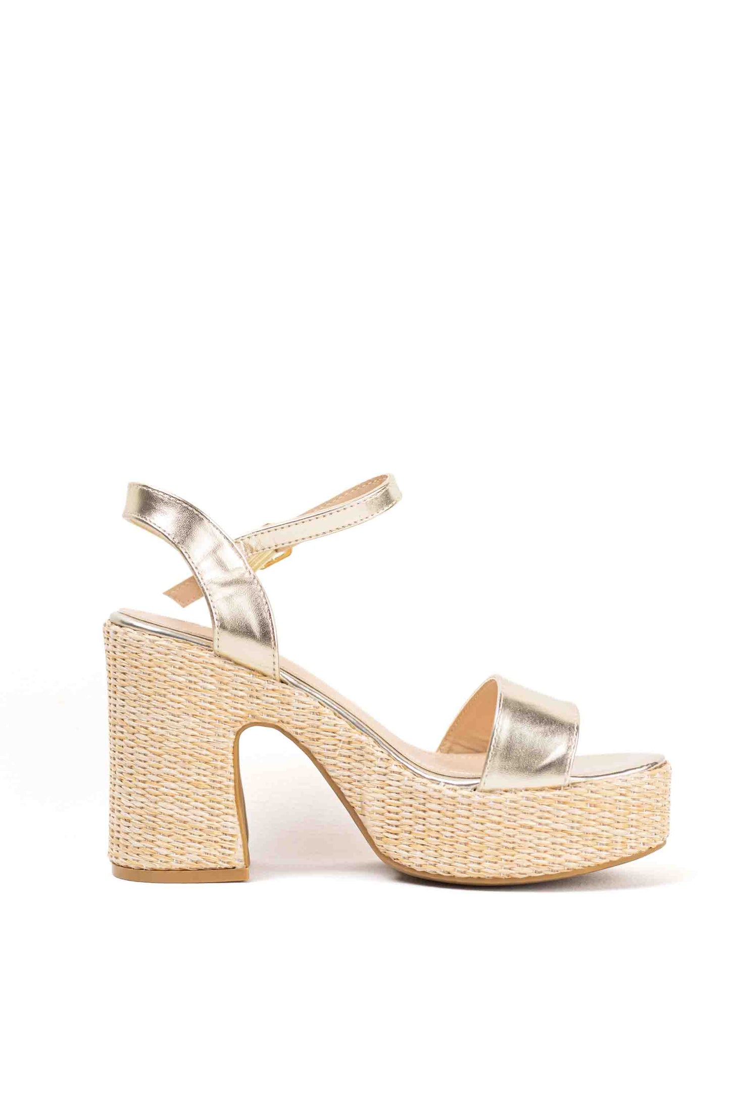 Sandalias doradas tacón alto con plataforma de rafia para mujer super ligeras