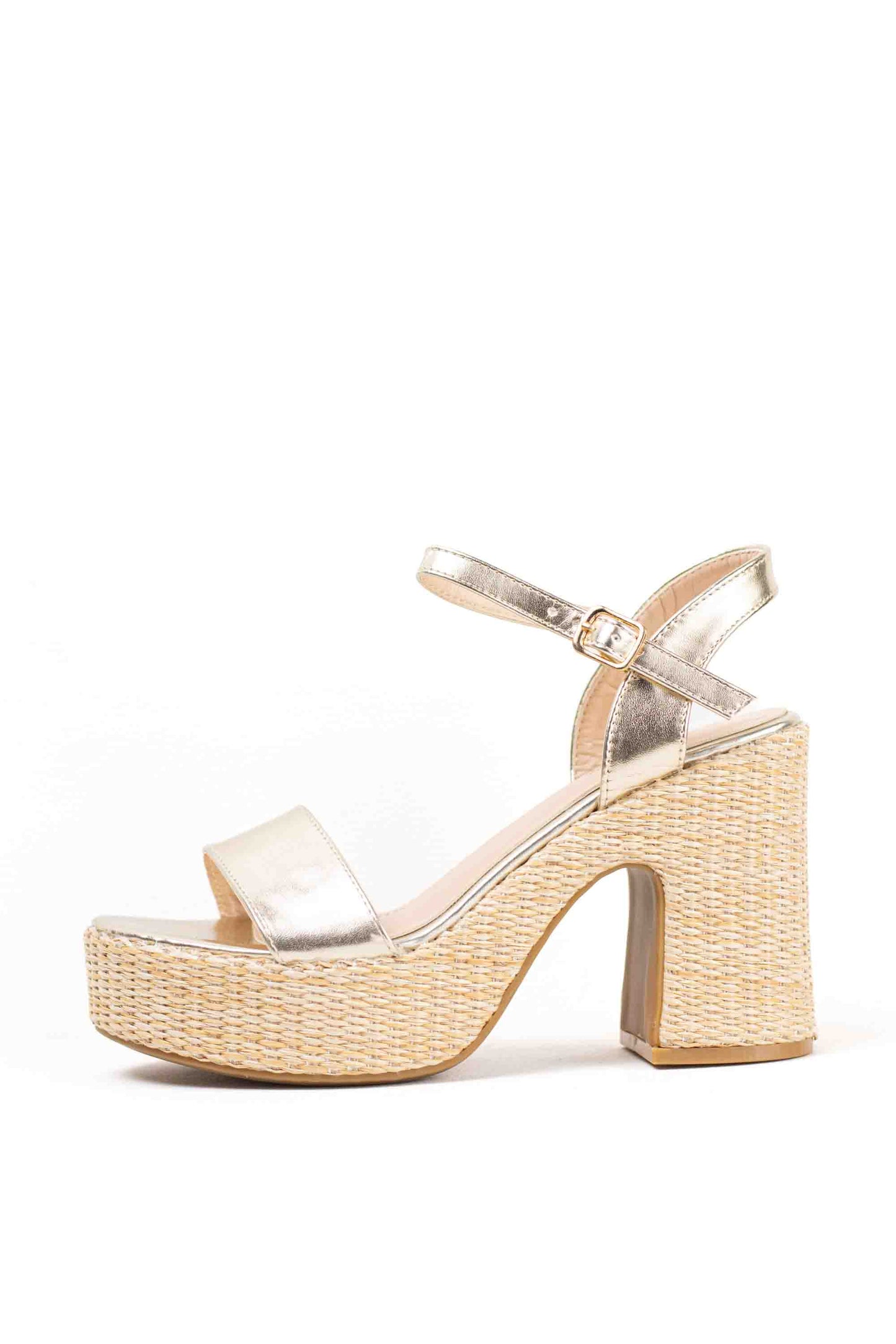 Sandalias doradas tacón alto con plataforma de rafia para mujer super ligeras