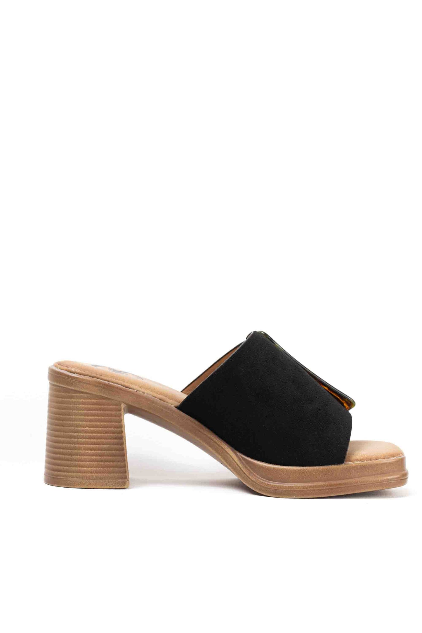 Sandalias mules dorados tacón medio detalle de hebilla