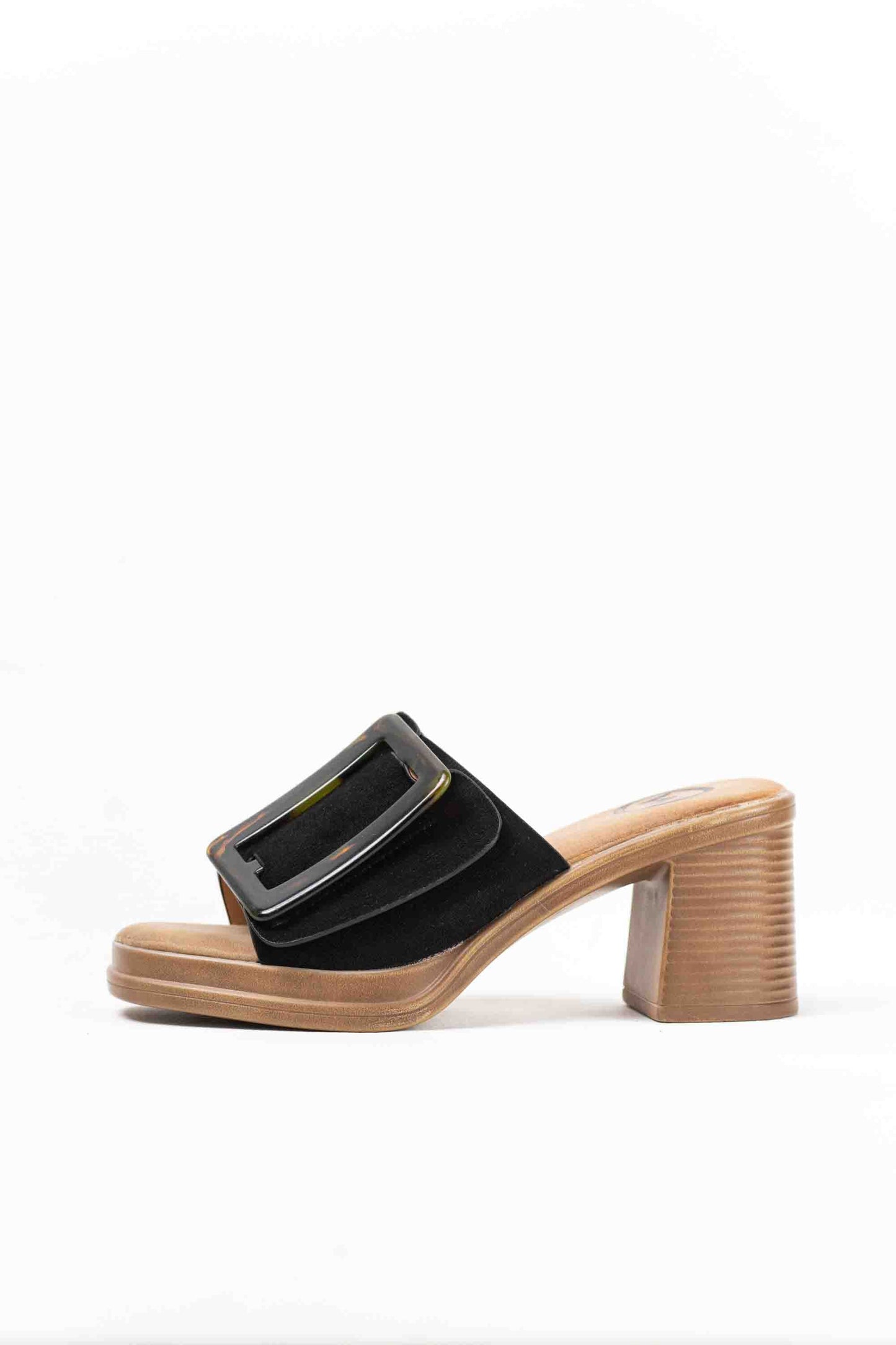 Sandalias mules dorados tacón medio detalle de hebilla