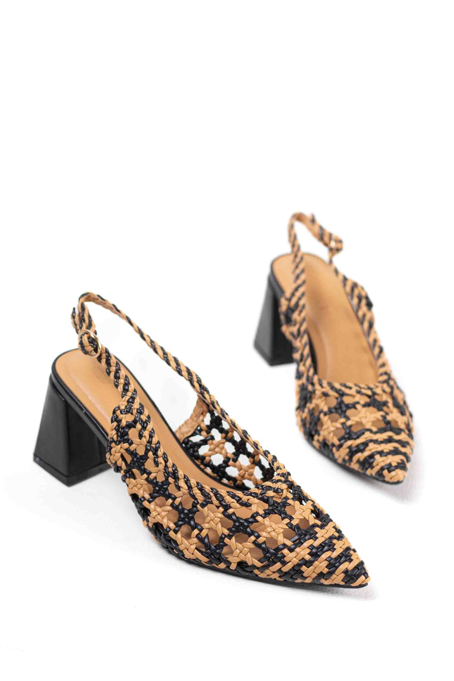 Zapatos dorados mujer de tacón bajo diseño trenzado para vestir