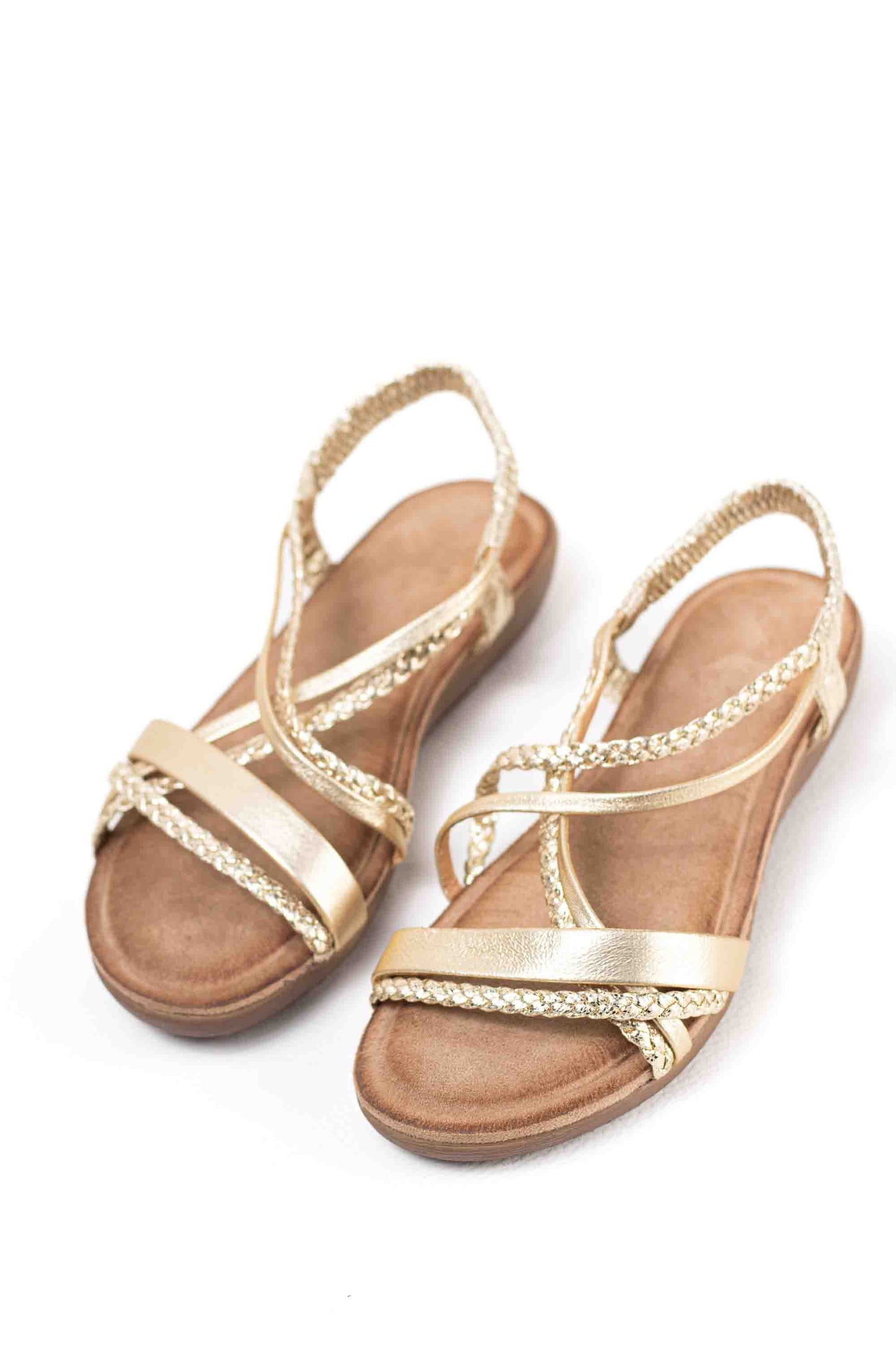 Sandalias doradas mujer con mini cuñas con la plantilla acolchada con tiras trasera elásticas