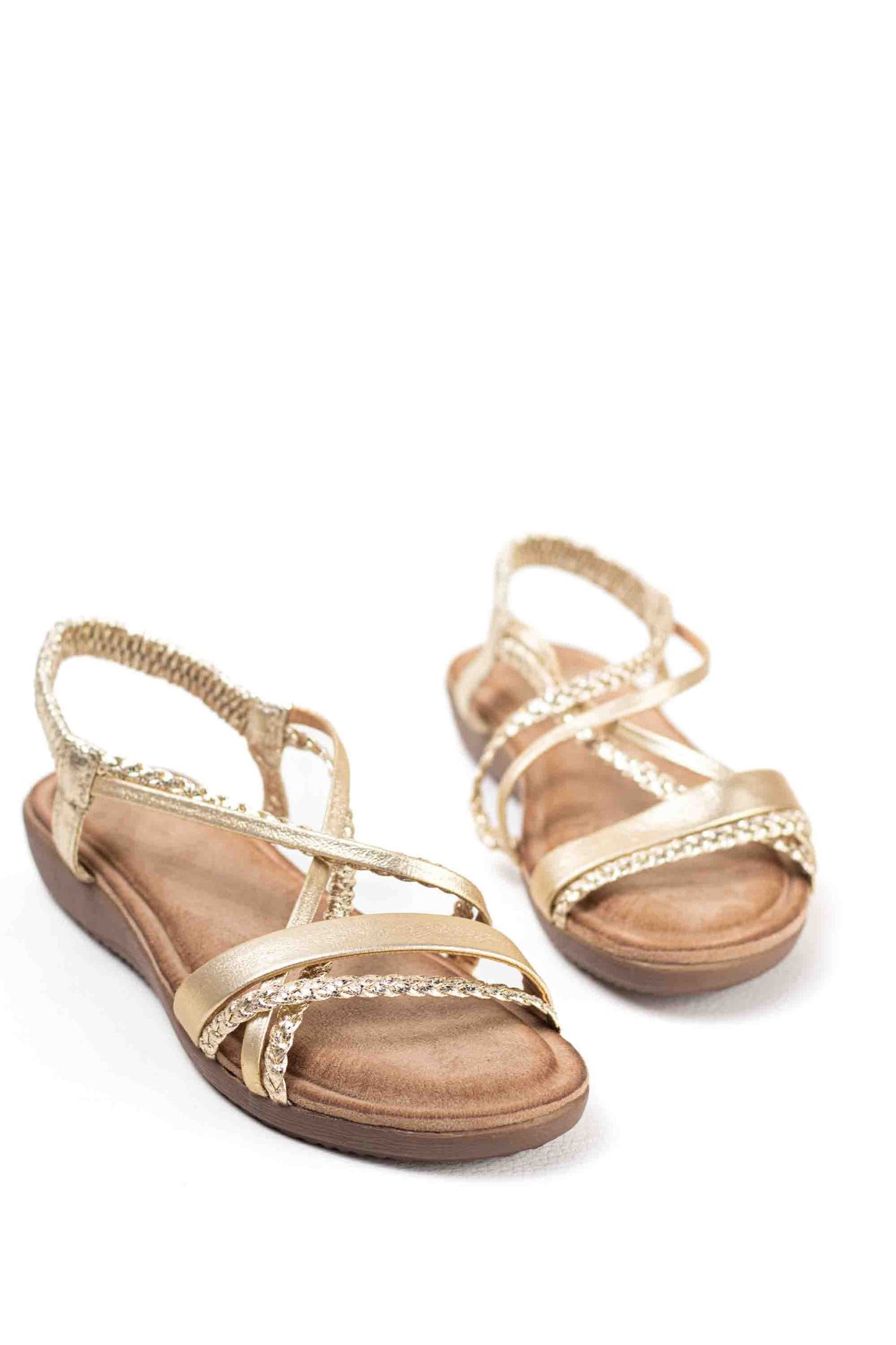 Sandalias doradas mujer con mini cuñas con la plantilla acolchada con tiras trasera elásticas
