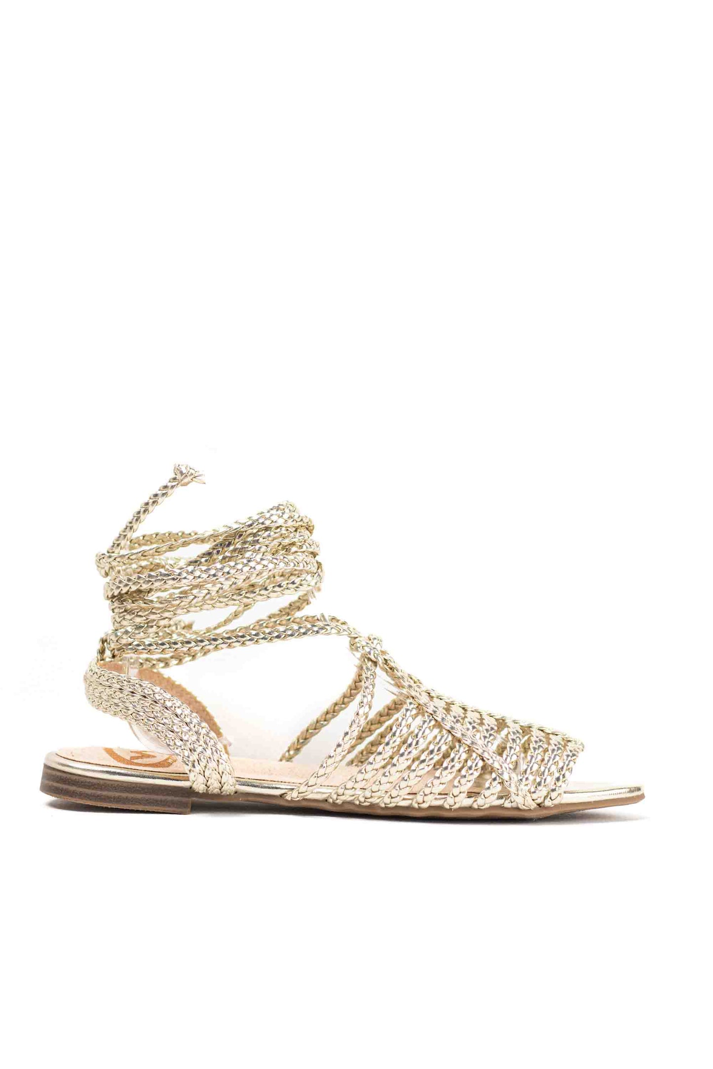 Sandalias doradas tiras trenzadas con cintas para mujer con suela plana