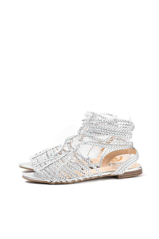 Sandalias doradas tiras trenzadas con cintas para mujer con suela plana