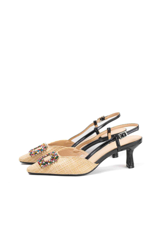 Sandalias doradas mujer de tacón bajo fino y adorno de hebilla