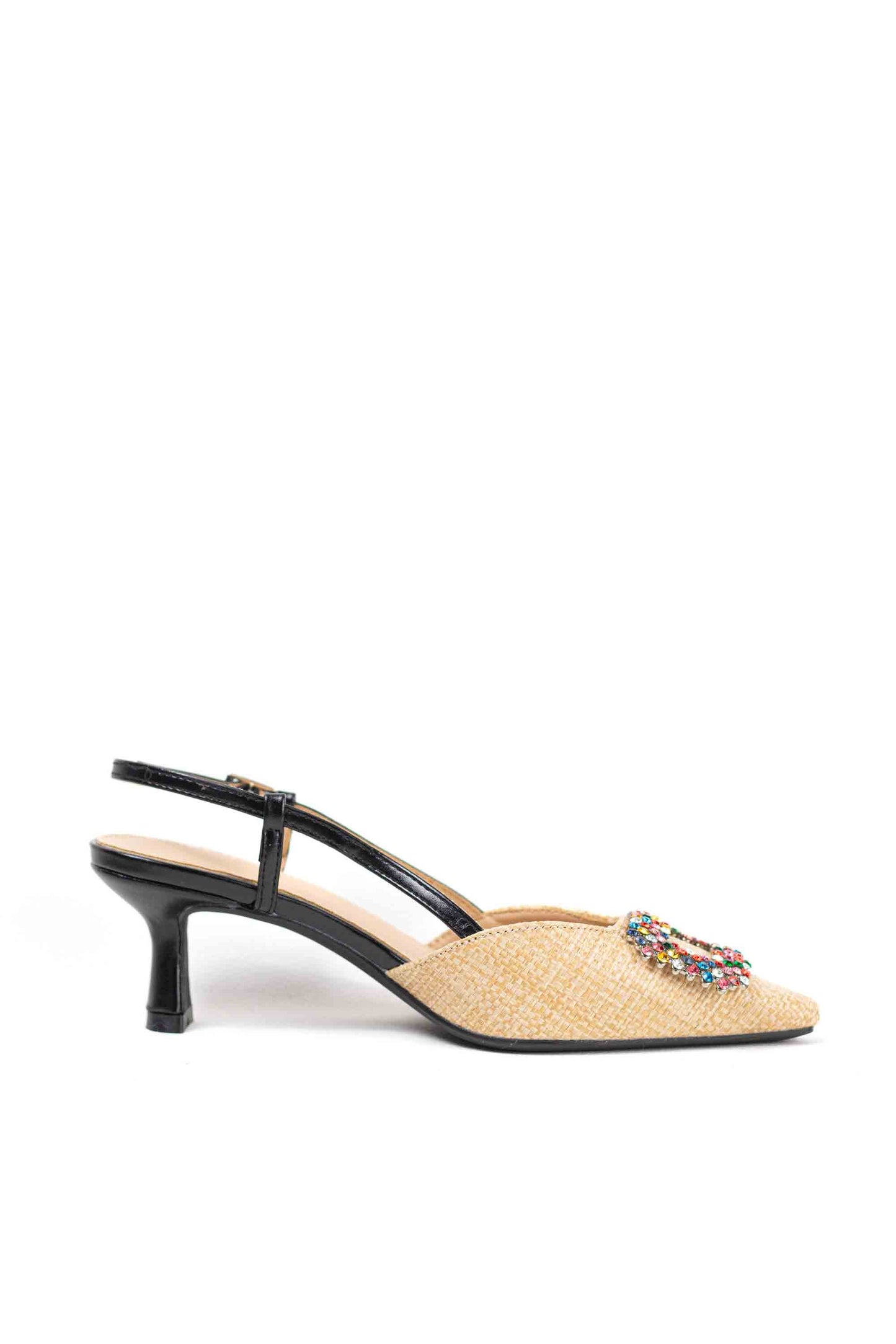 Sandalias doradas mujer de tacón bajo fino y adorno de hebilla
