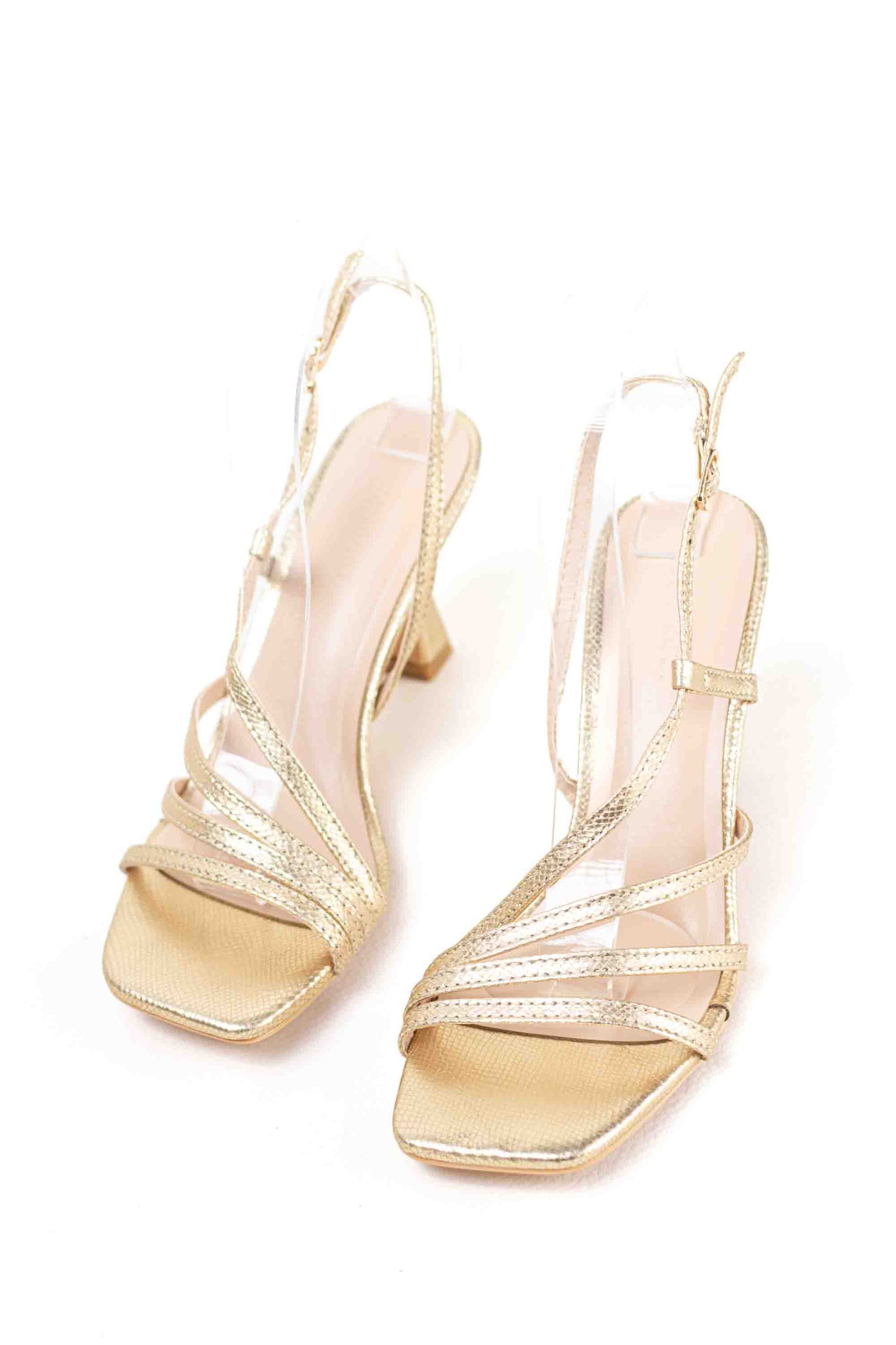 Sandalias doradas mujer de tacón fino diseño strappy