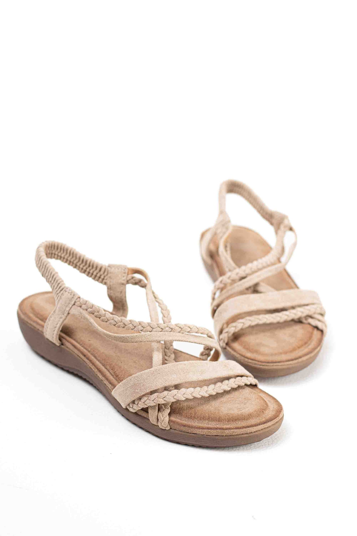 Sandalias doradas mujer con mini cuñas con la plantilla acolchada con tiras trasera elásticas