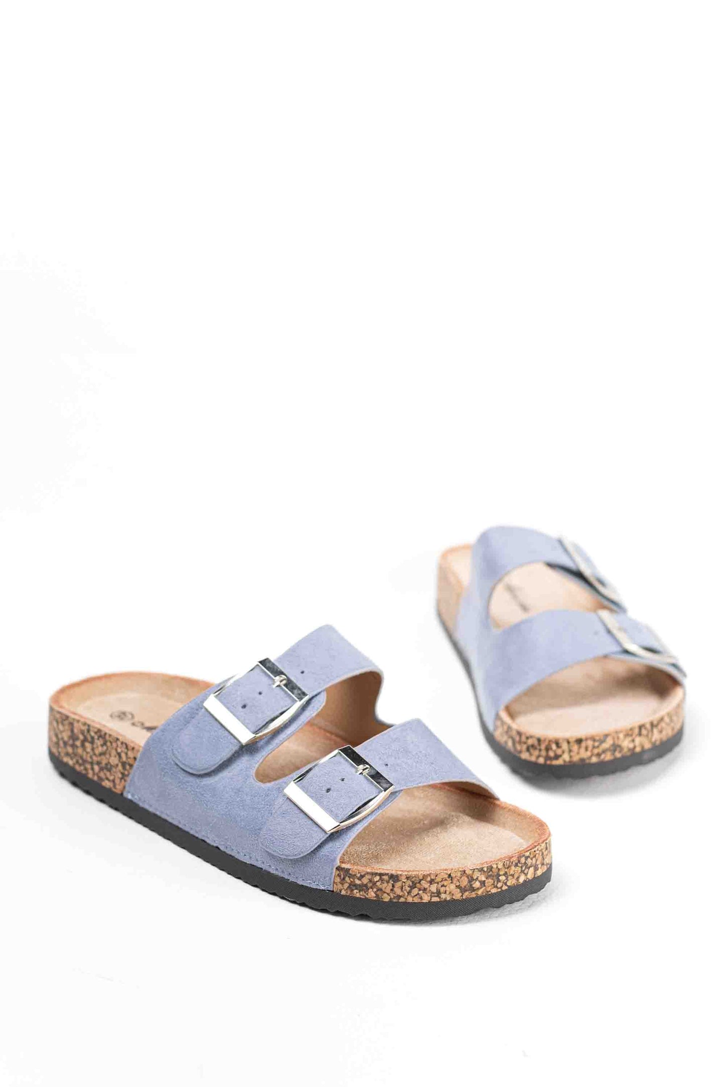 Sandalias mujer planas con doble hebilla metálica con suela corcho